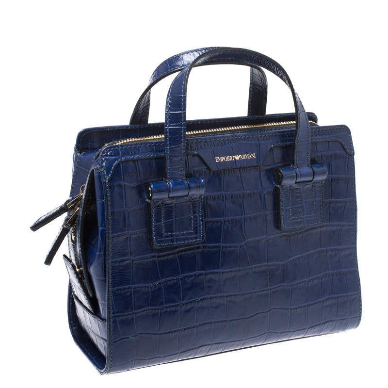 Emporio Armani Blue Croc Embossed Leather Satchel - ShopStyle