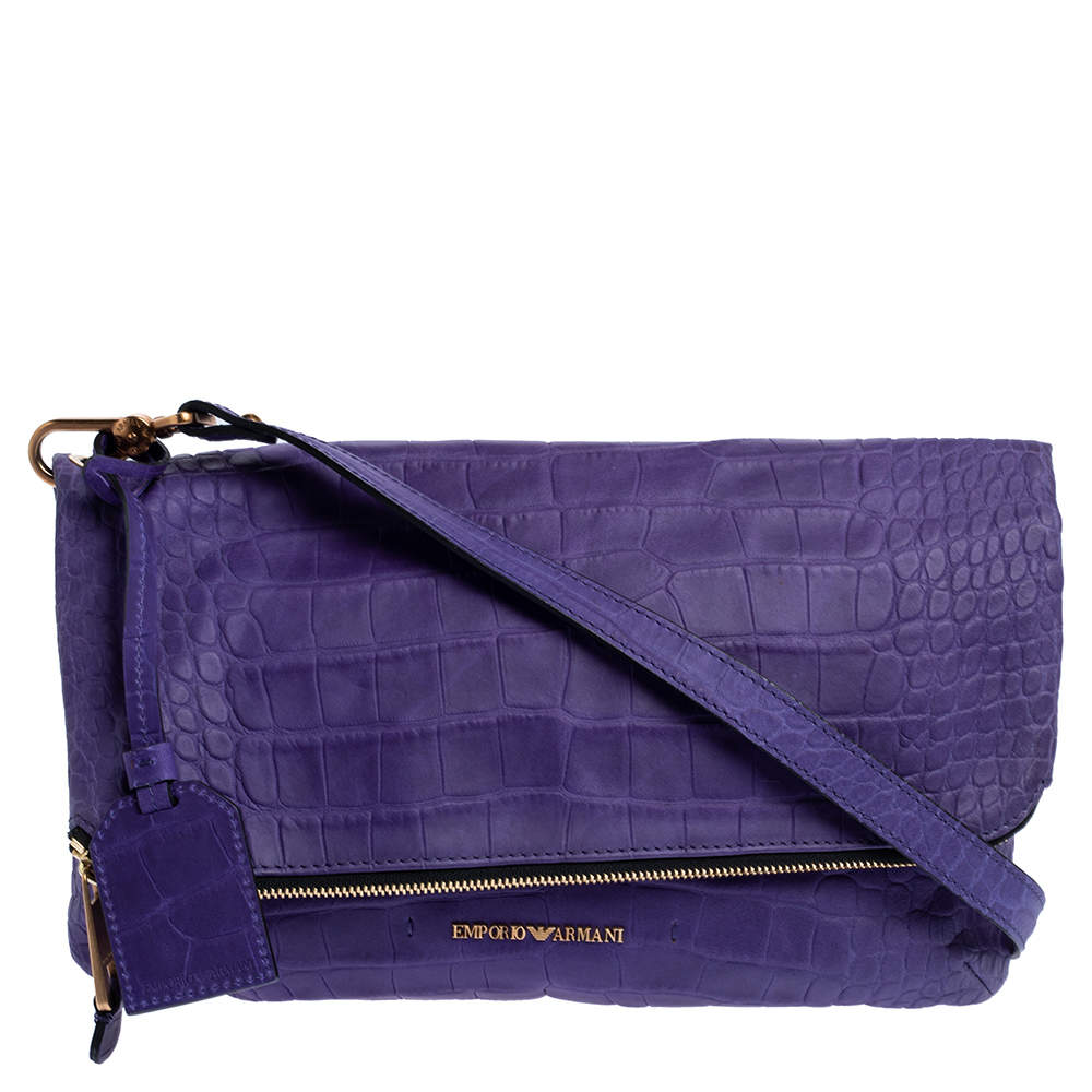Pre Owned Emporio Armani Purple Croc Emboseed Leather Fold Over Shoulder Bag