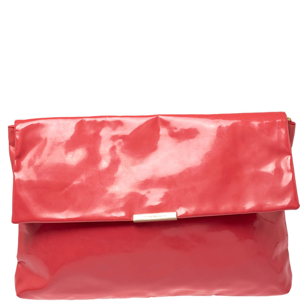 Pre Owned Emporio Armani Coral Pink Patent Leather Flap Oversized Clutch