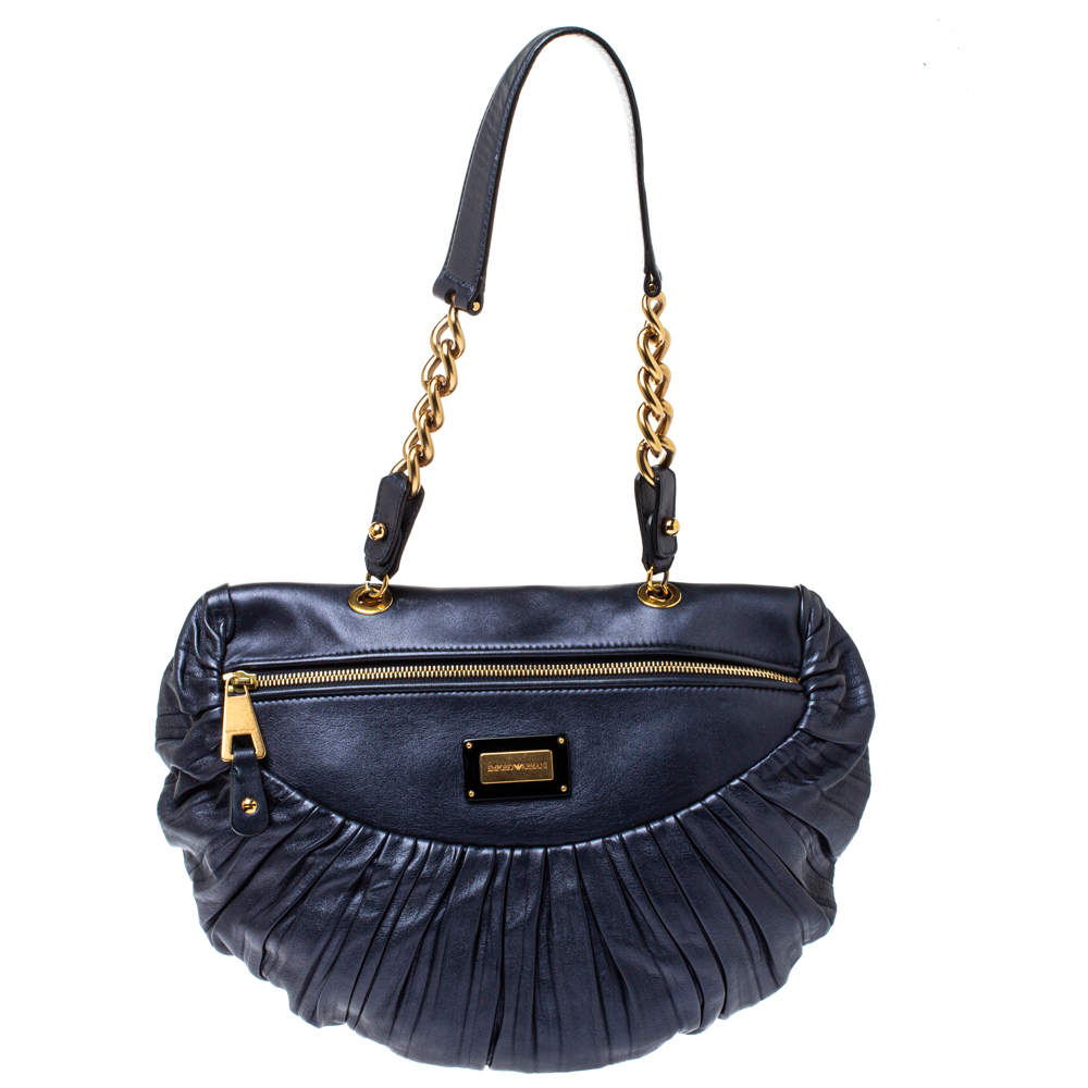 Pre Owned Emporio Armani Indigo Pleated Leather Chain Hobo