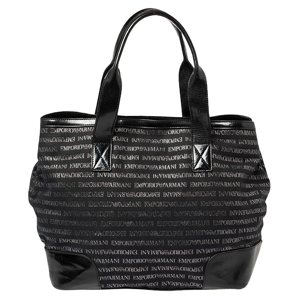 Pre Owned Emporio Armani Black Logo Print Canvas and Leather Tote