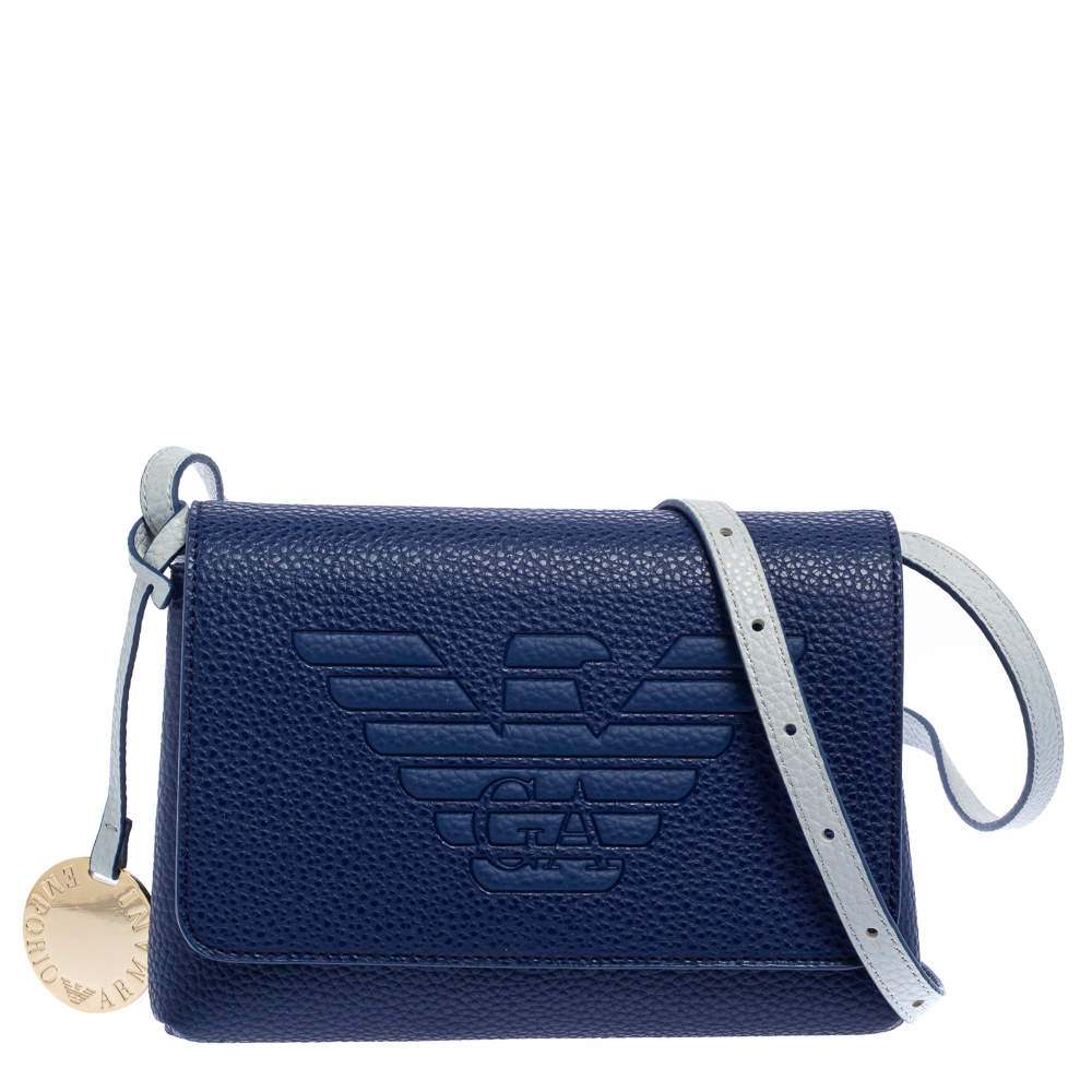 Pre Owned Emporio Armani Blue Leather Flap Crossbody Bag