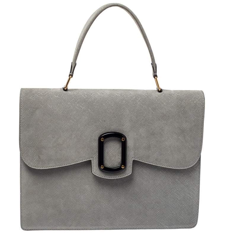 Pre Owned Emporio Armani Grey Nubuck Leather Flap Top Handle Bag