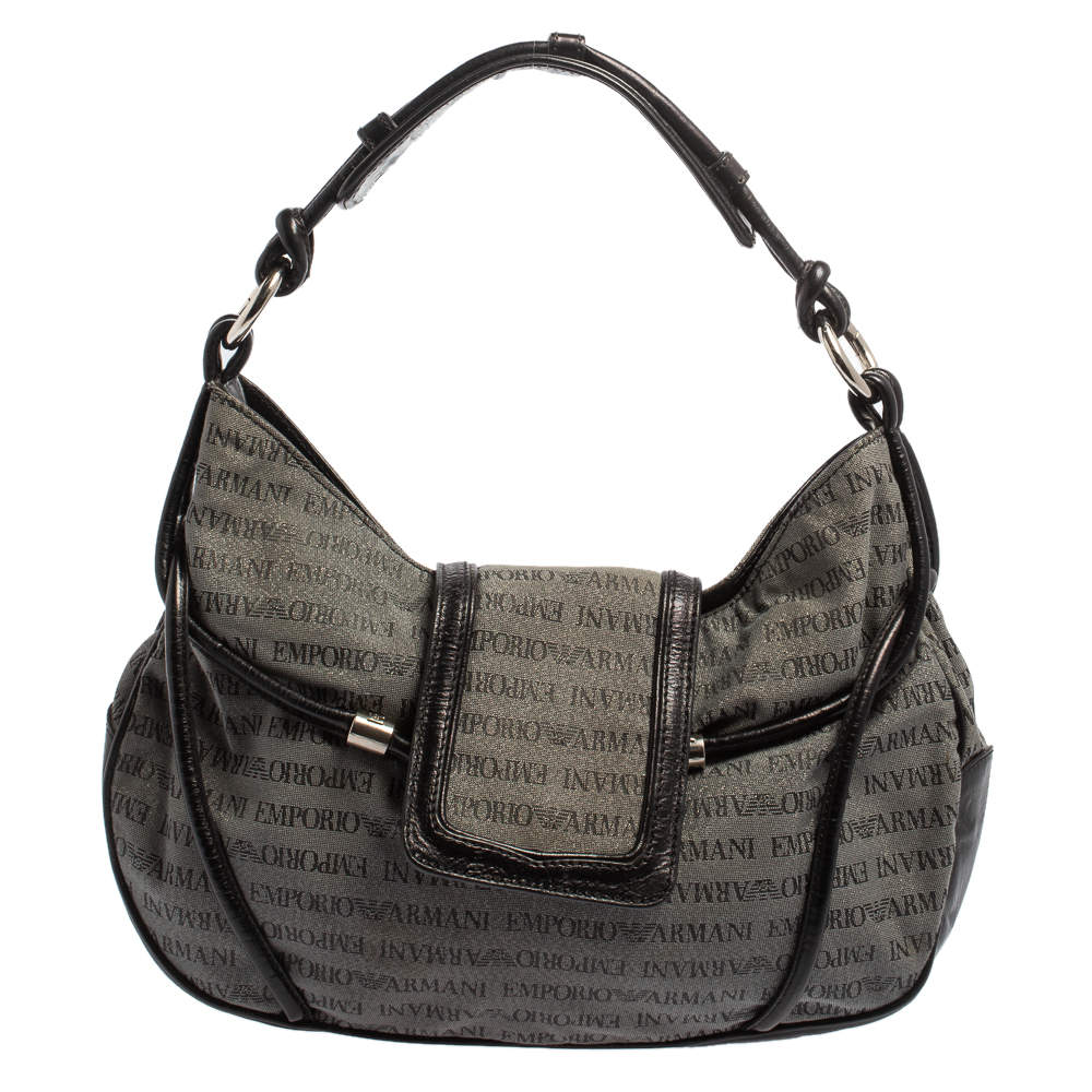 Pre Owned Emporio Armani Black/Grey Monogram Canvas and Leather Hobo