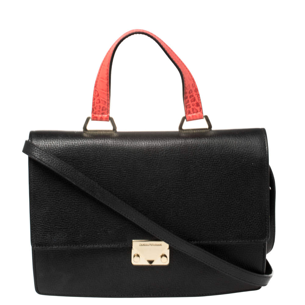 Pre Owned Emporio Armani Black Leather And Croc Embossed Leather Pushlock Flap Top Handle