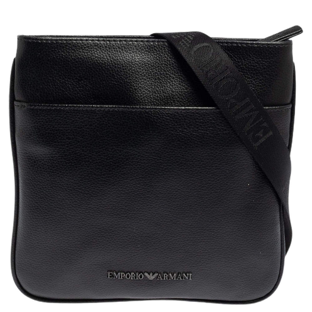 Pre Owned Emporio Armani Black Leather Slim Messenger Bag