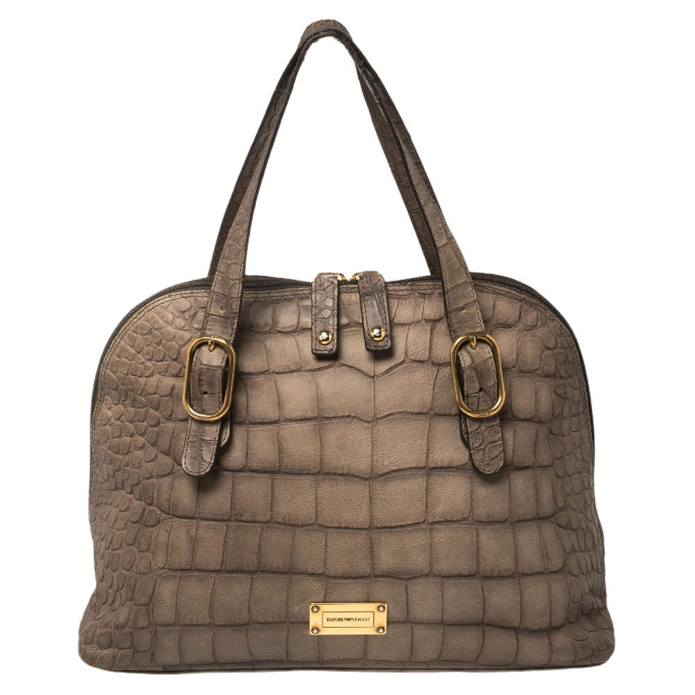 Emporio Armani Taupe Croc Embossed Leather Dome Satchel
