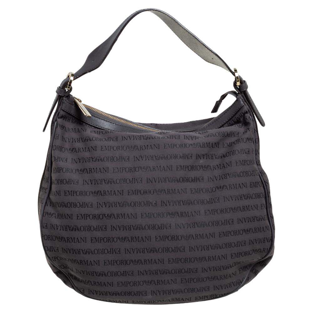 Pre Owned Emporio Armani Grey Signature Canvas and Leather Zip Hobo