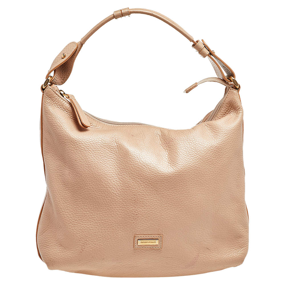 Pre Owned Emporio Armani Peach Pebbled Leather Top Zip Hobo
