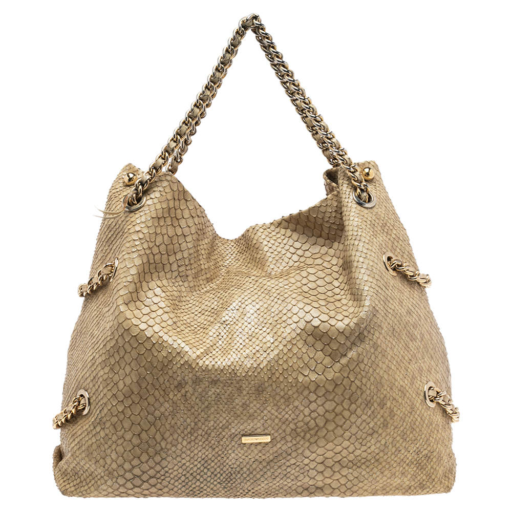 Pre Owned Emporio Armani Beige Glittery Snakeskin Embossed Leather Chain Detail Hobo