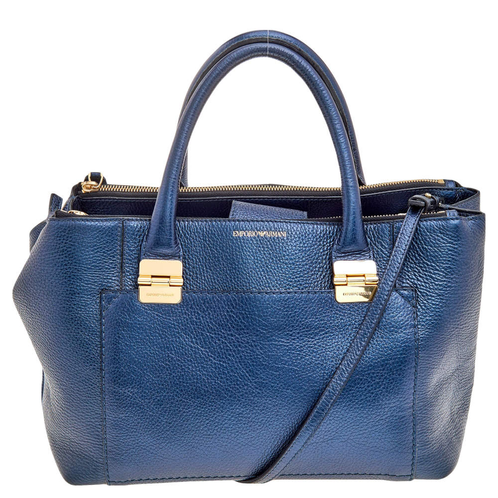 Pre Owned Emporio Armani Metallic Navy Blue Leather Tote