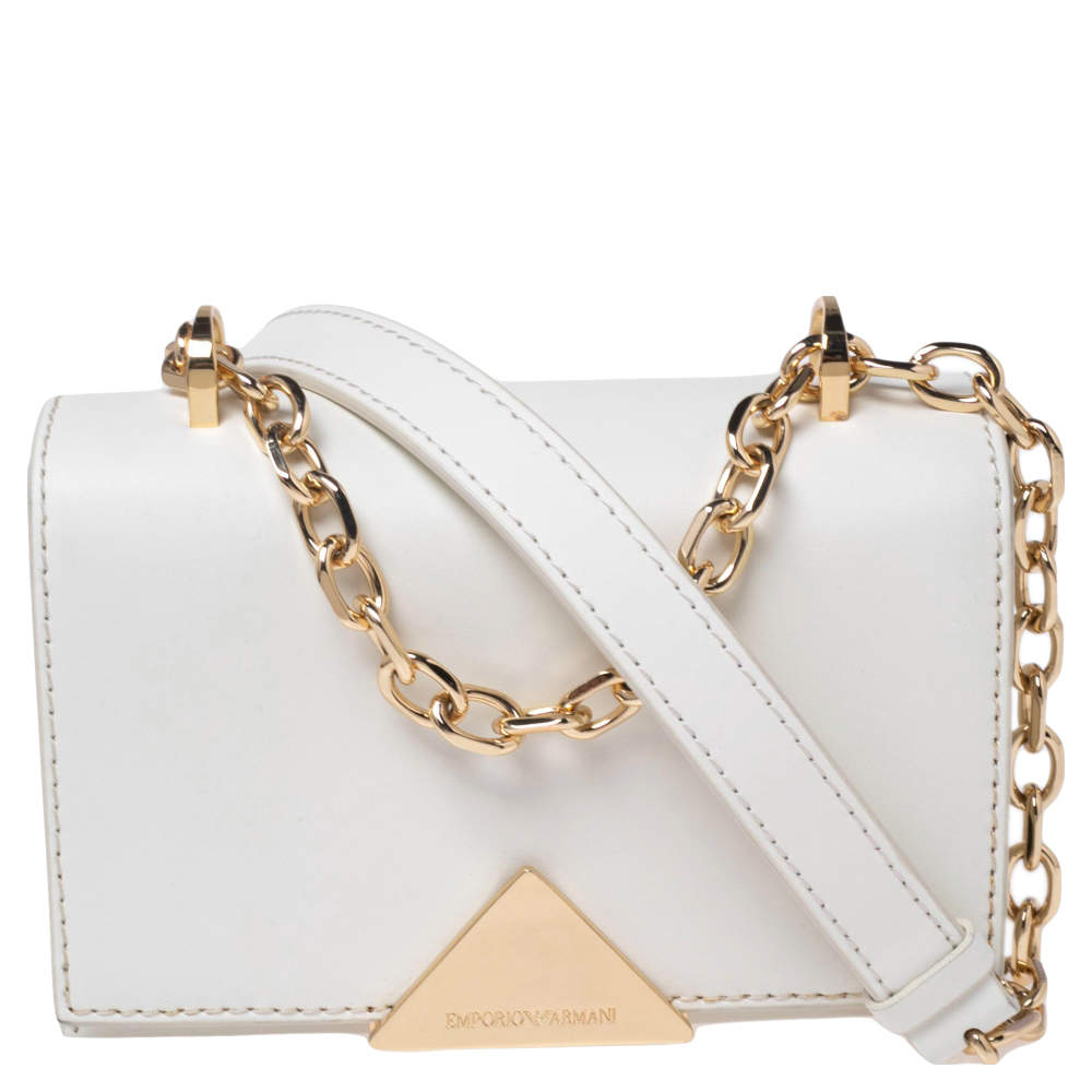 Pre Owned Emporio Armani White Leather Flap Crossbody Bag