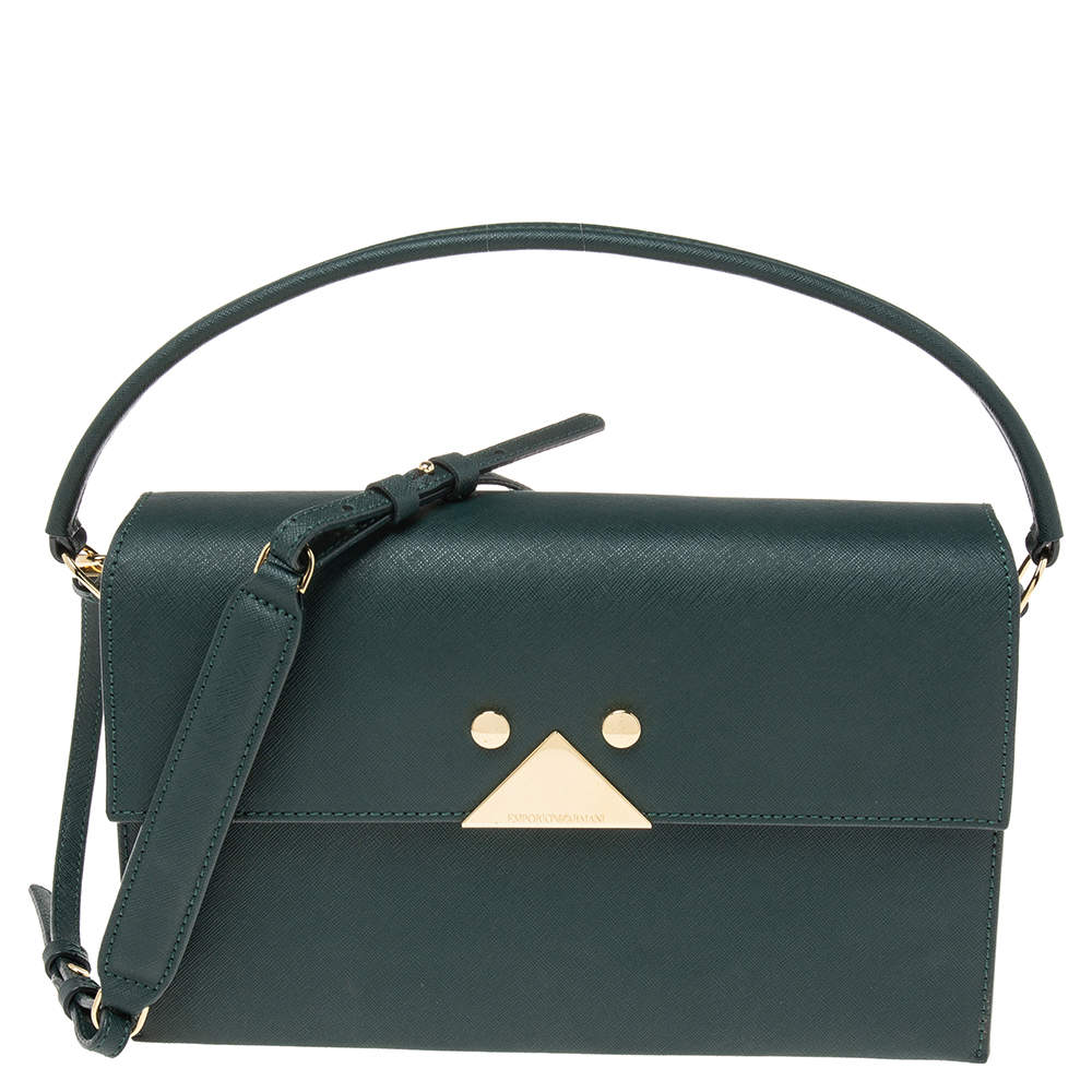 Pre Owned Emporio Armani Dark Green Saffiano Leather Flap Top Handle Bag