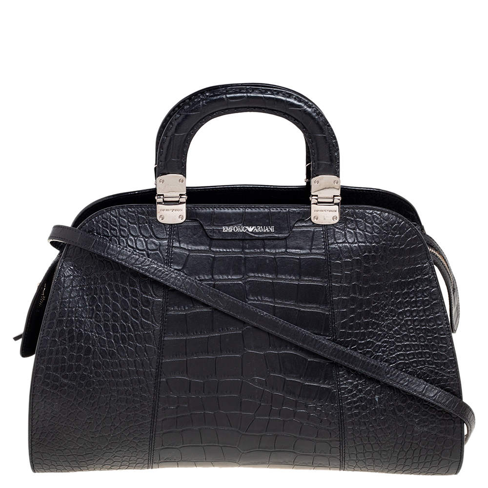 Pre Owned Emporio Armani Black Croc Embossed Leather Dome Satchel