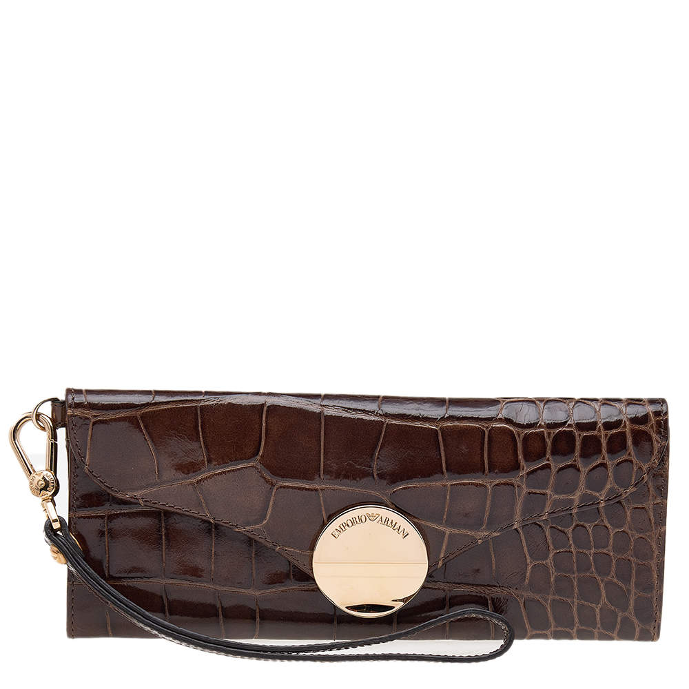 Pre Owned Emporio Armani Brown Croc Embossed Leather Continental Wallet