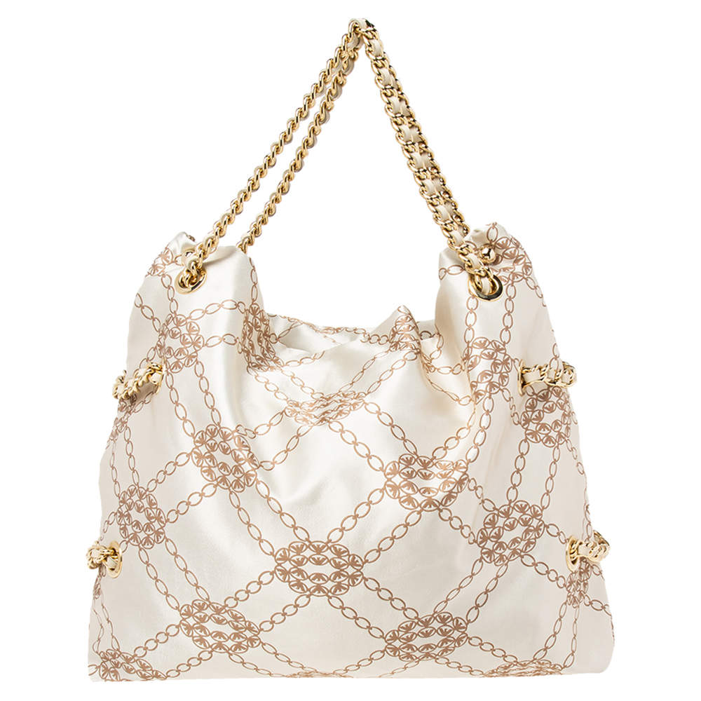 Pre Owned Emporio Armani Beige/Brown Logo Jacquard Fabric Chain Detail Hobo