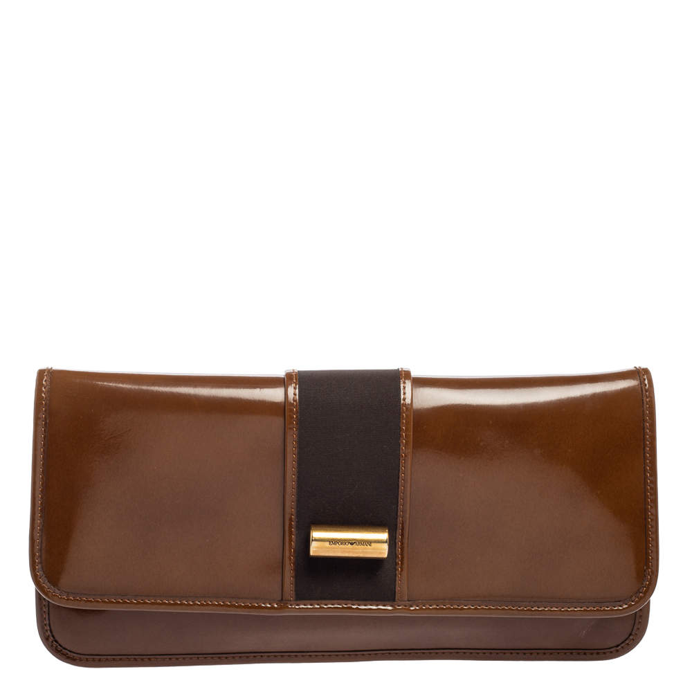 Pre Owned Emporio Armani Brown/Grey Leather And Fabric Long Clutch