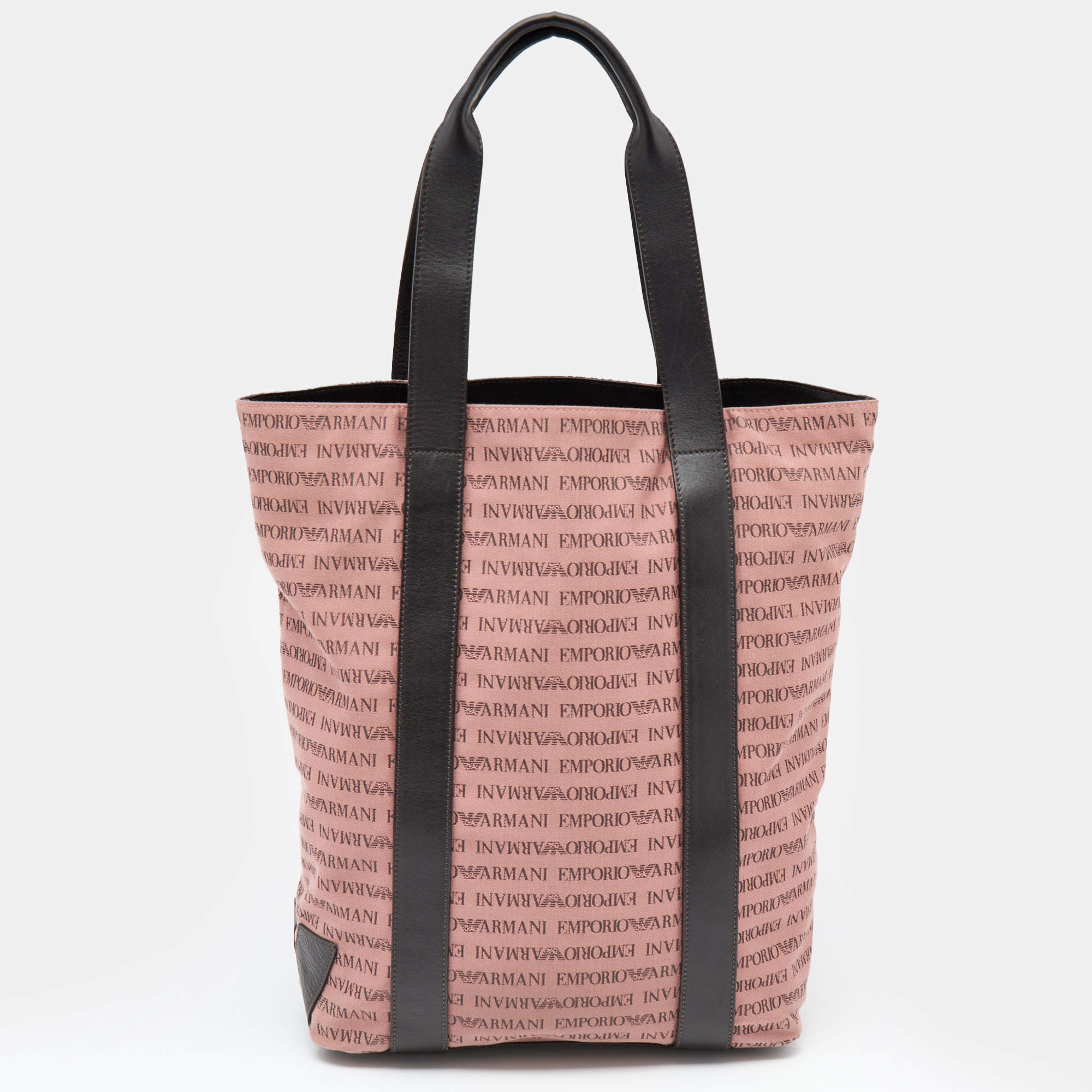 Pre Owned Emporio Armani Old Rose/Dark Brown Logo Print Canvas And Leather Tote