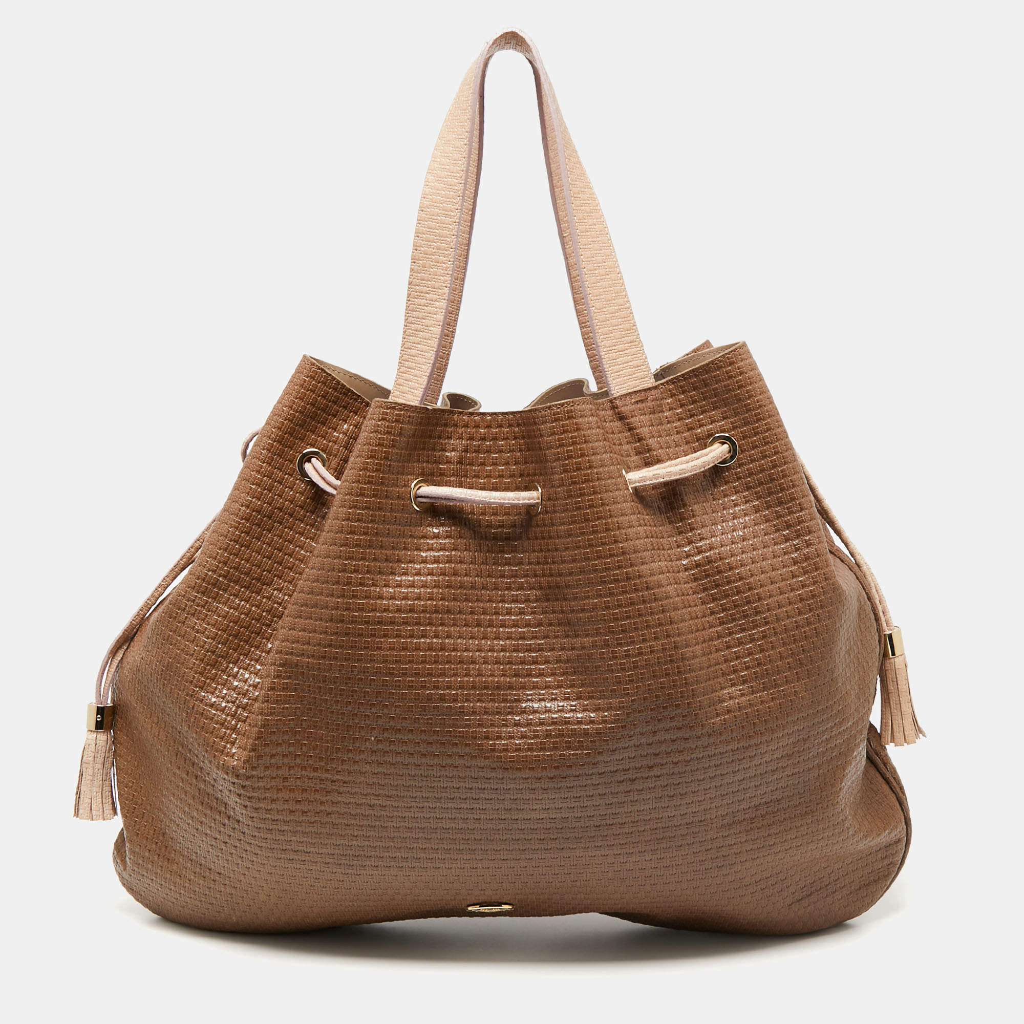 Pre Owned Emporio Armani Brown/Peach Embossed Leather Drawstring Tassel Shoulder Bag