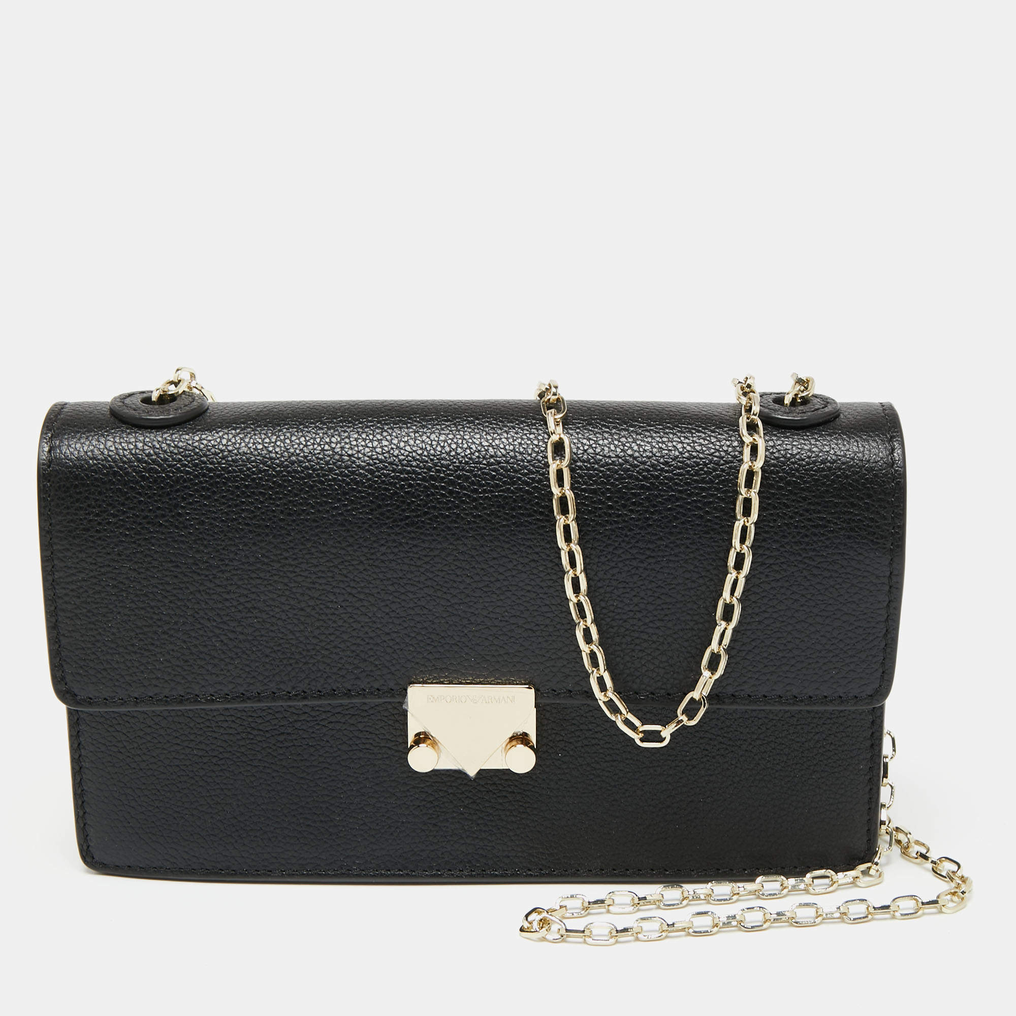 Pre Owned Emporio Armani Black Leather Push Lock Flap Chain Shoulder Bag