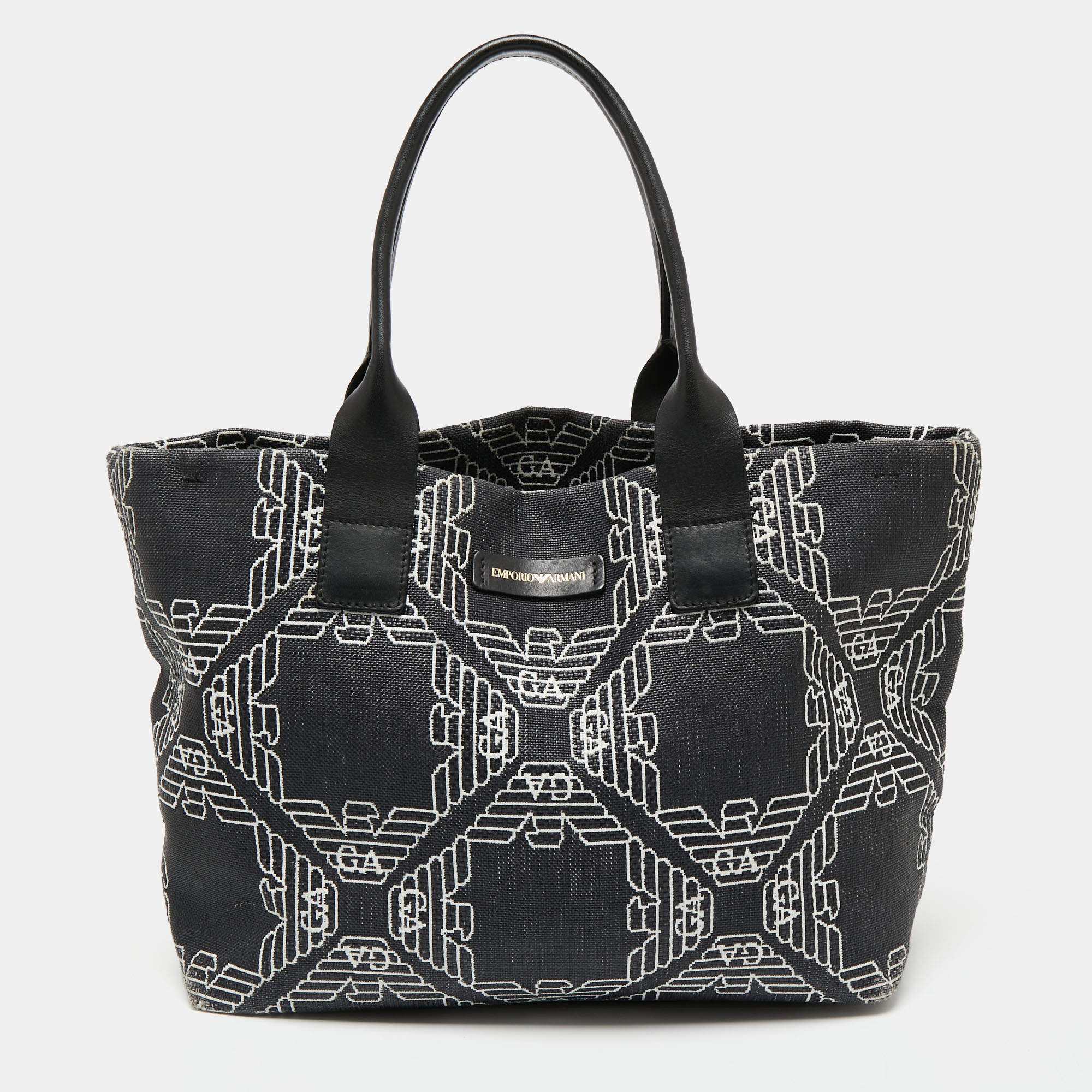 Pre Owned Emporio Armani Black/White Signature Raffia and Leather Tote