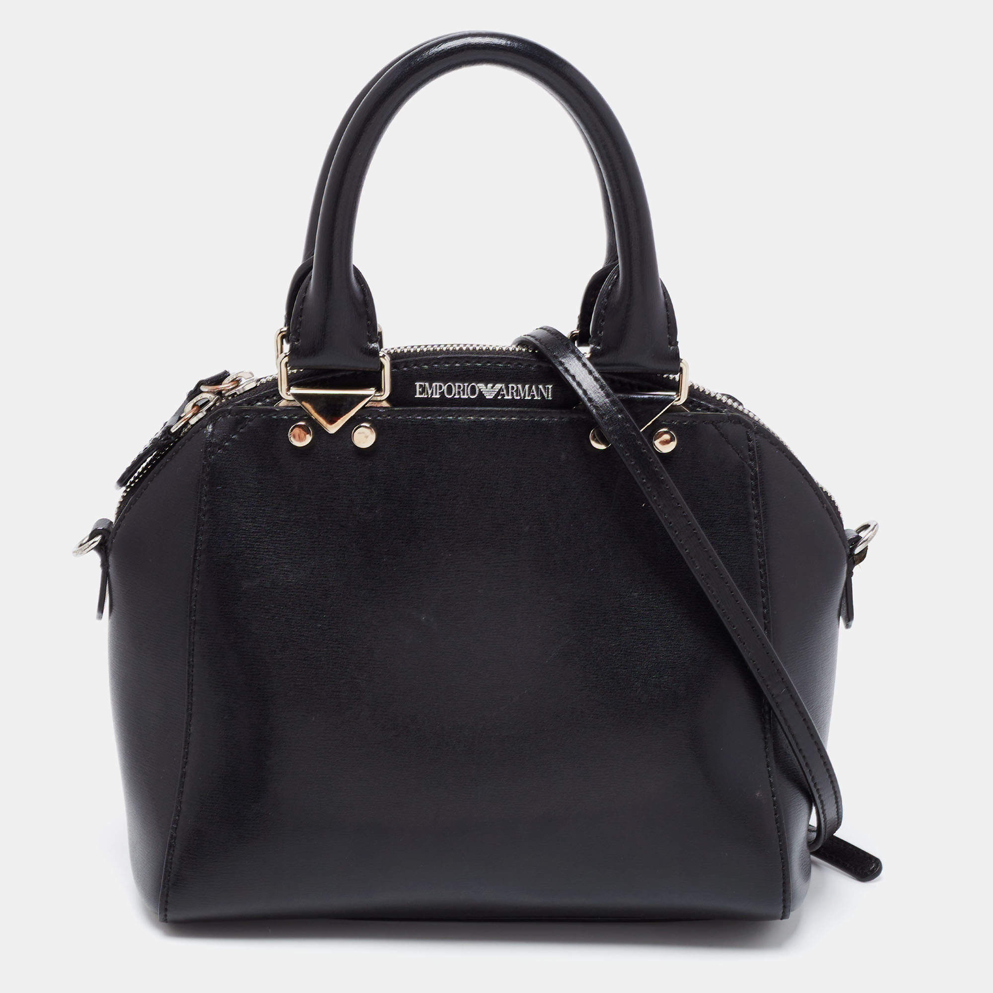 Pre Owned Emporio Armani Black Leather Logo Satchel 