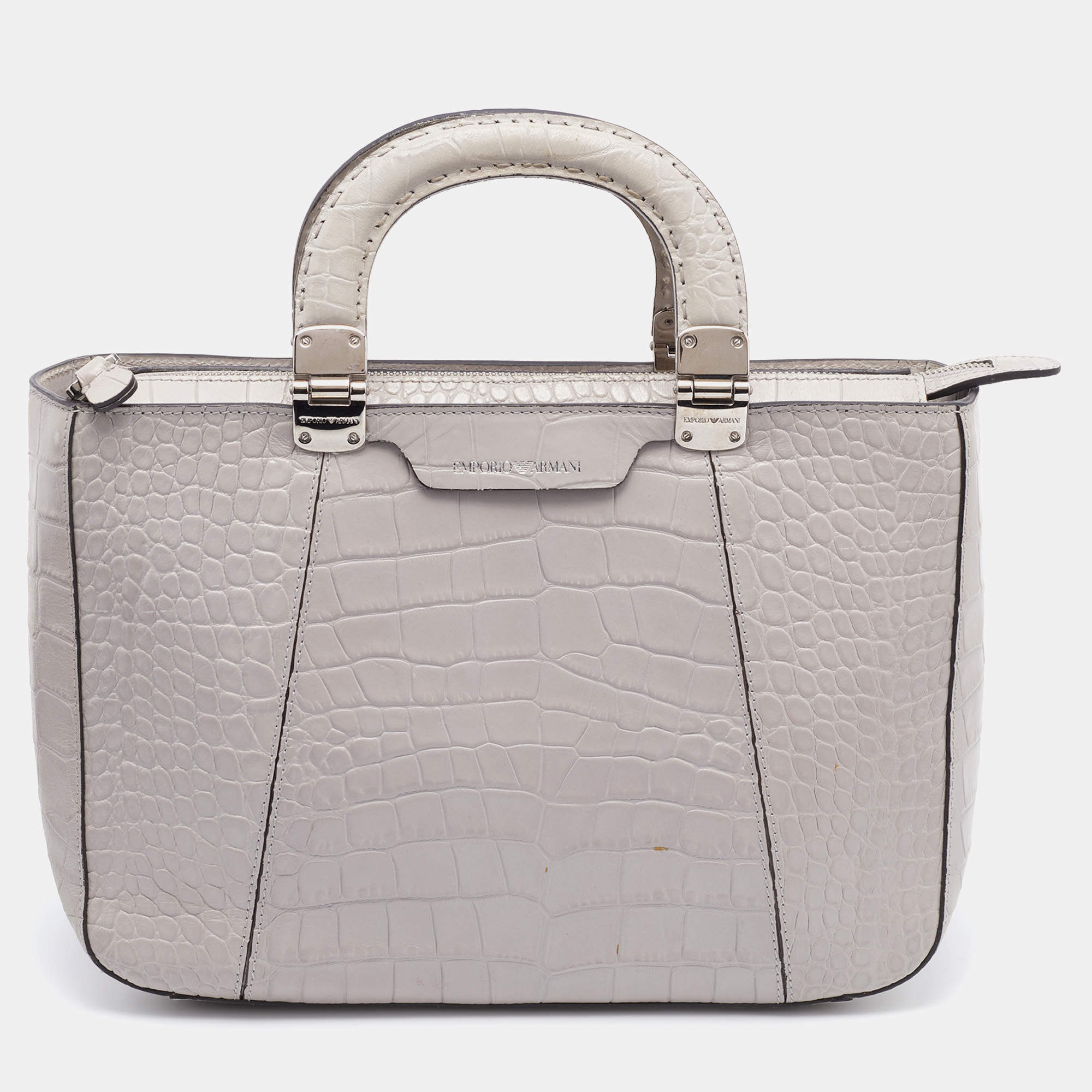 Pre Owned Emporio Armani Light Grey Croc Embossed Leather Satchel