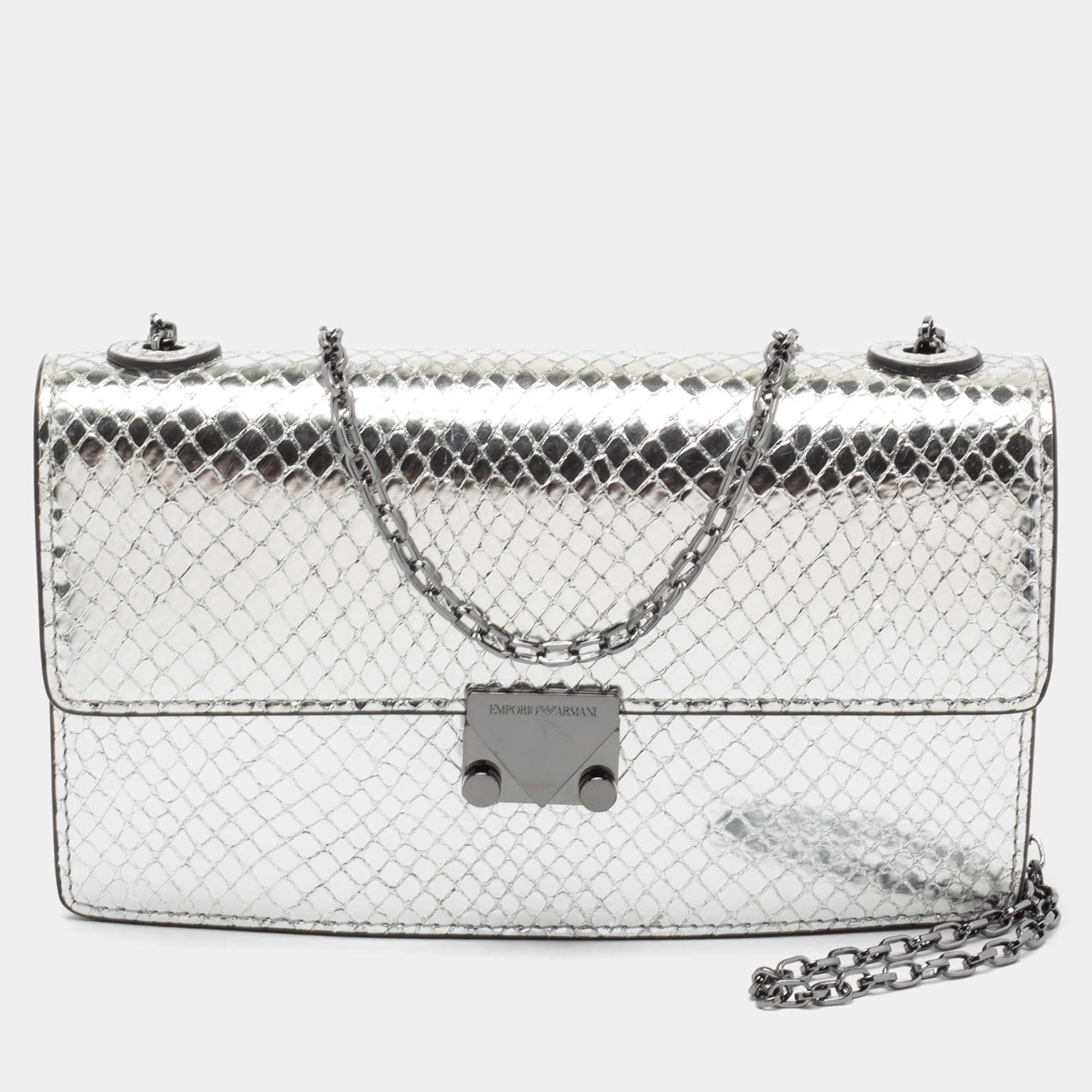 Pre Owned Emporio Armani Metallic Silver Python Embossed Leather Clutch