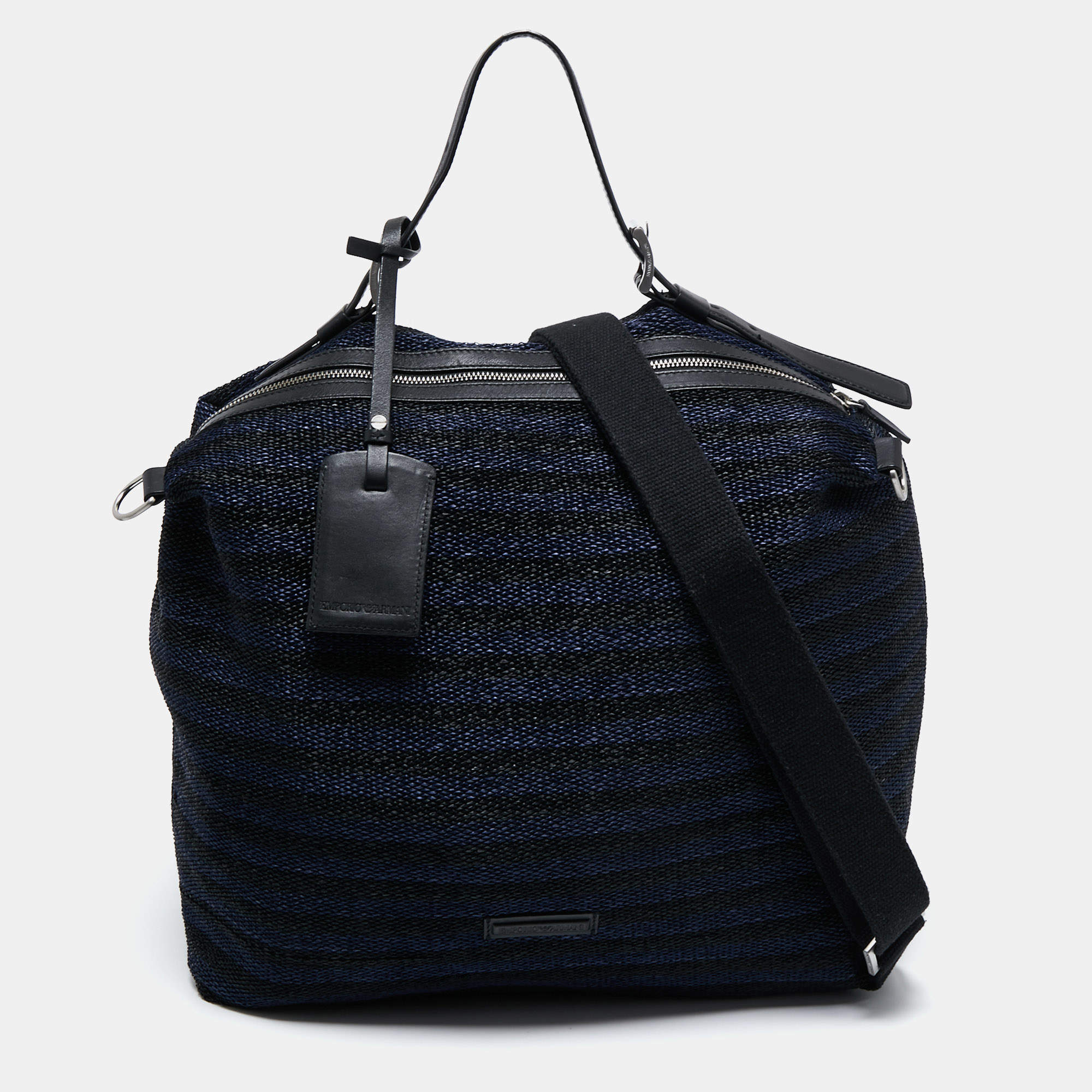 Pre Owned Emporio Armani Blue/Black Straw and Leather Hobo