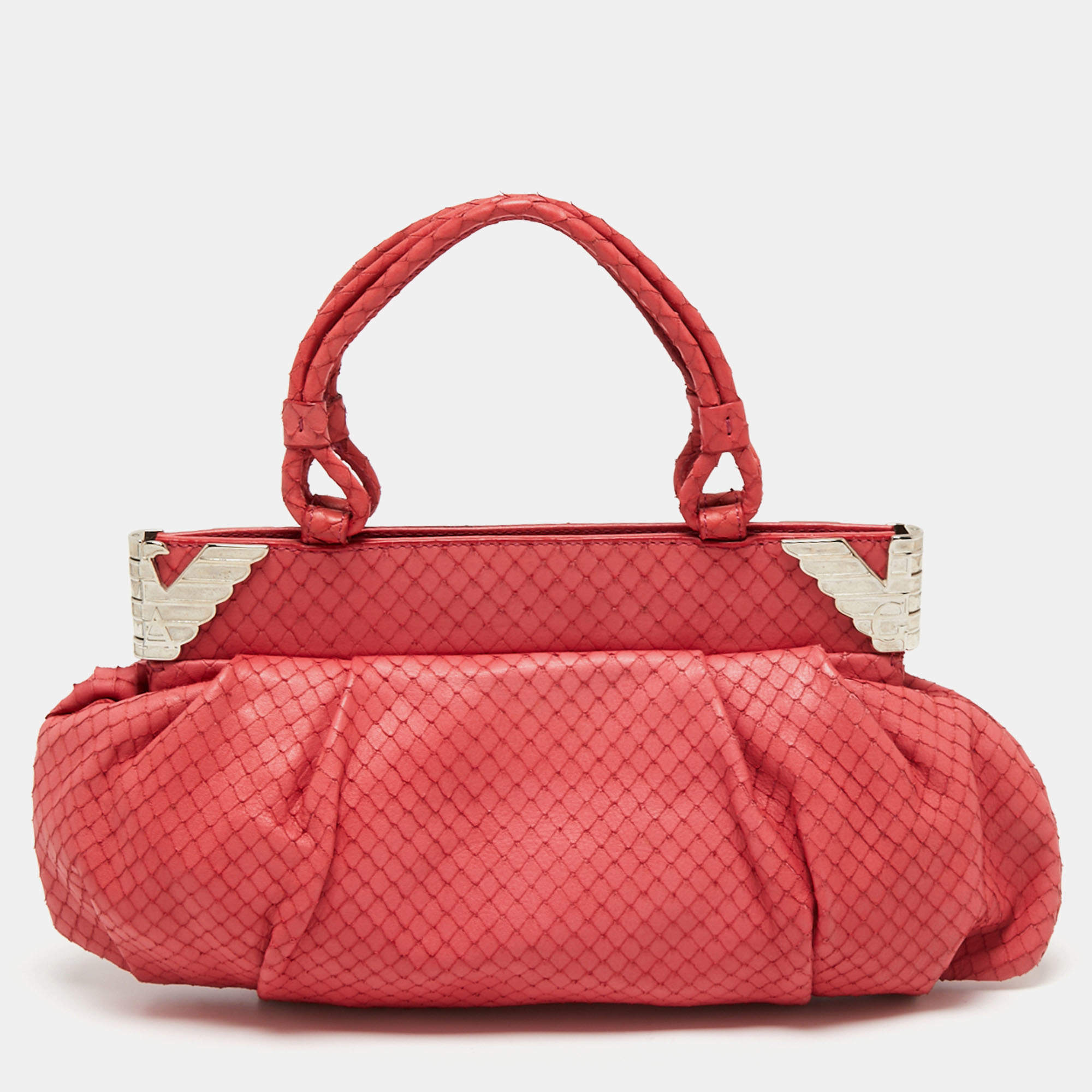 Pre Owned Emporio Armani Pink Snakeskin Embossed Leather Frame Satchel