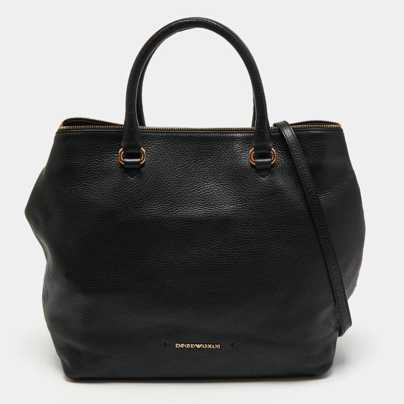 Pre Owned Emporio Armani Black Leather Top Zip Tote