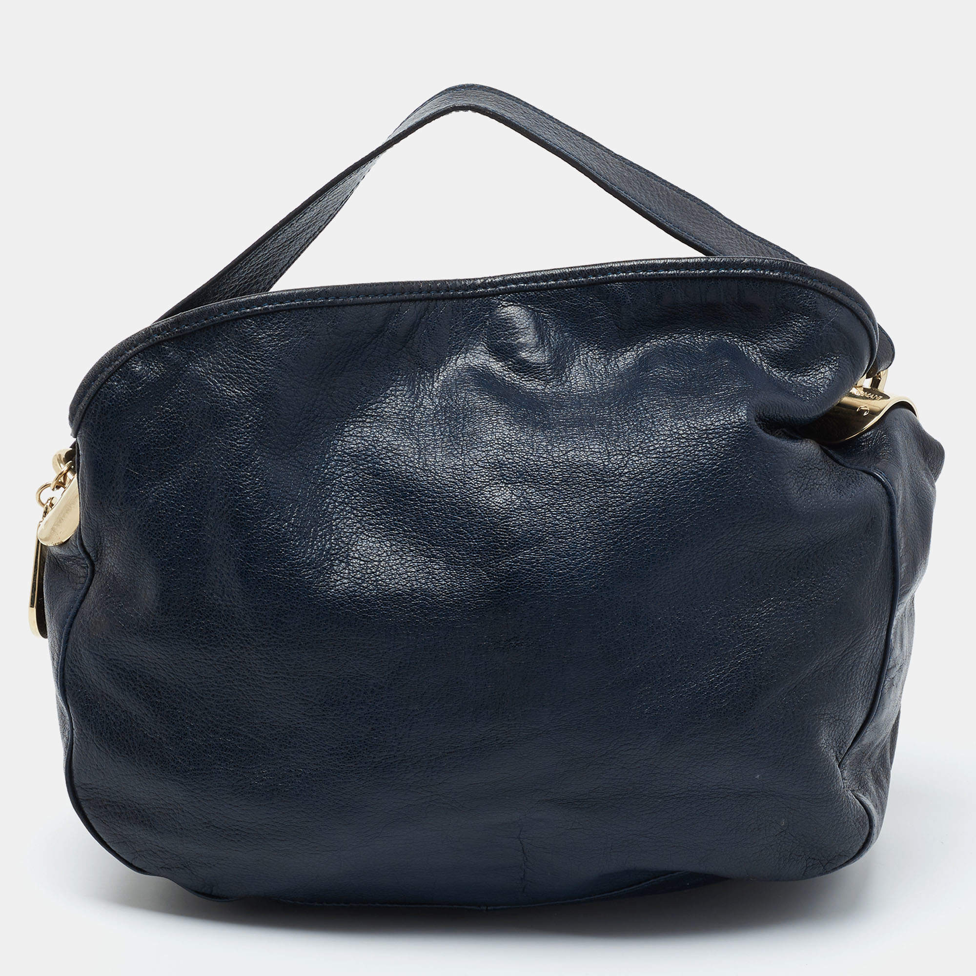 Pre Owned Emporio Armani Navy Blue Grained Leather Hobo