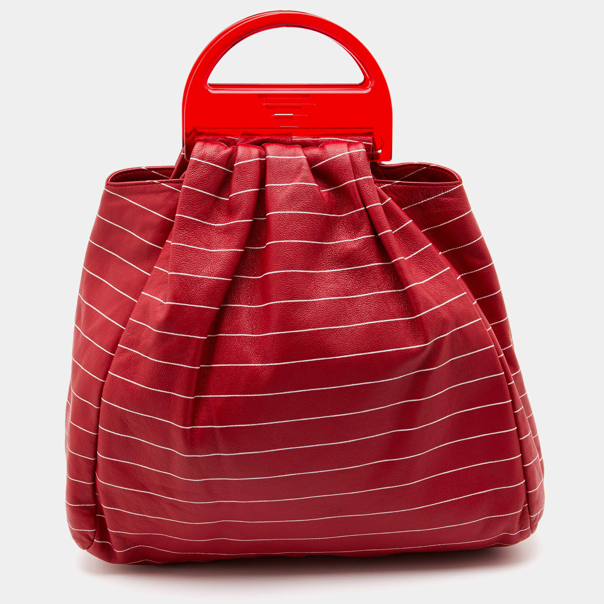 Emporio Armani Red Stripe Print Leather Top Handle Bag