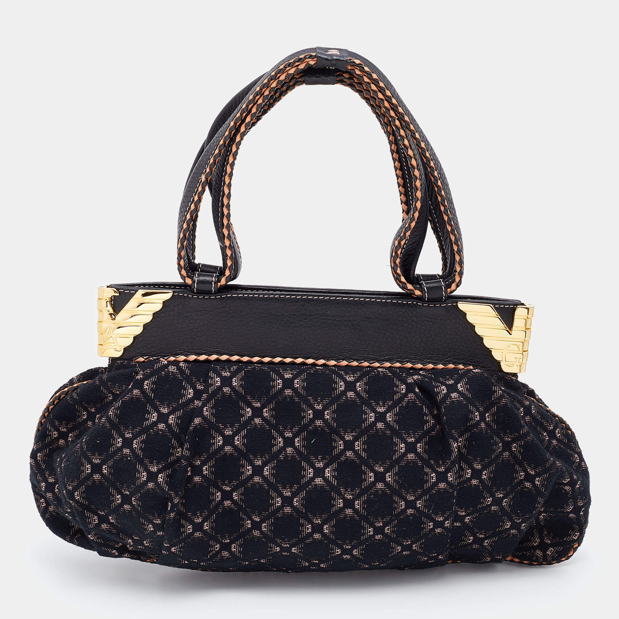 Pre Owned Emporio Armani Tri Color Fabric and Leather Frame Satchel