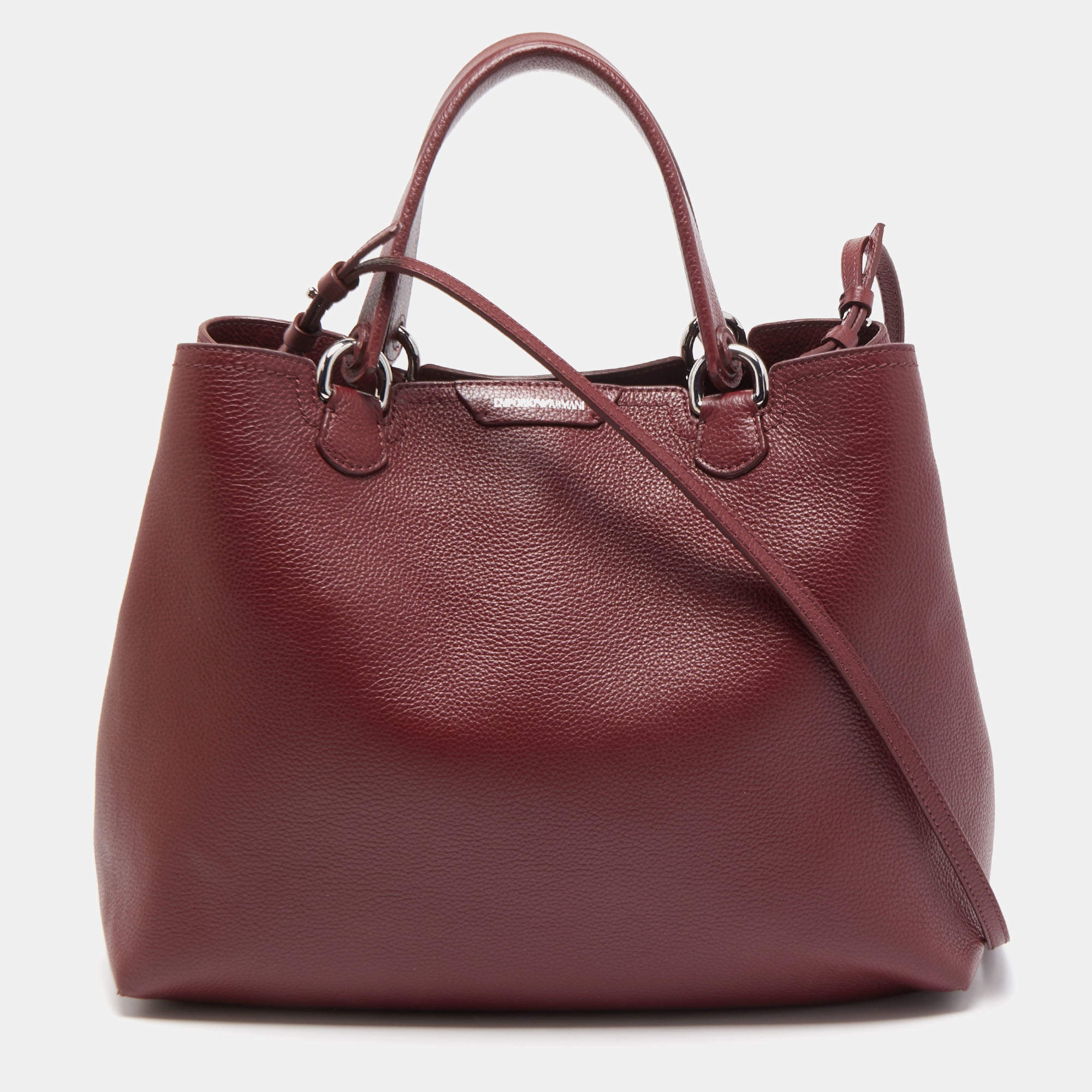 Pre Owned Emporio Armani Burgundy Grained Leather Convertible Tote