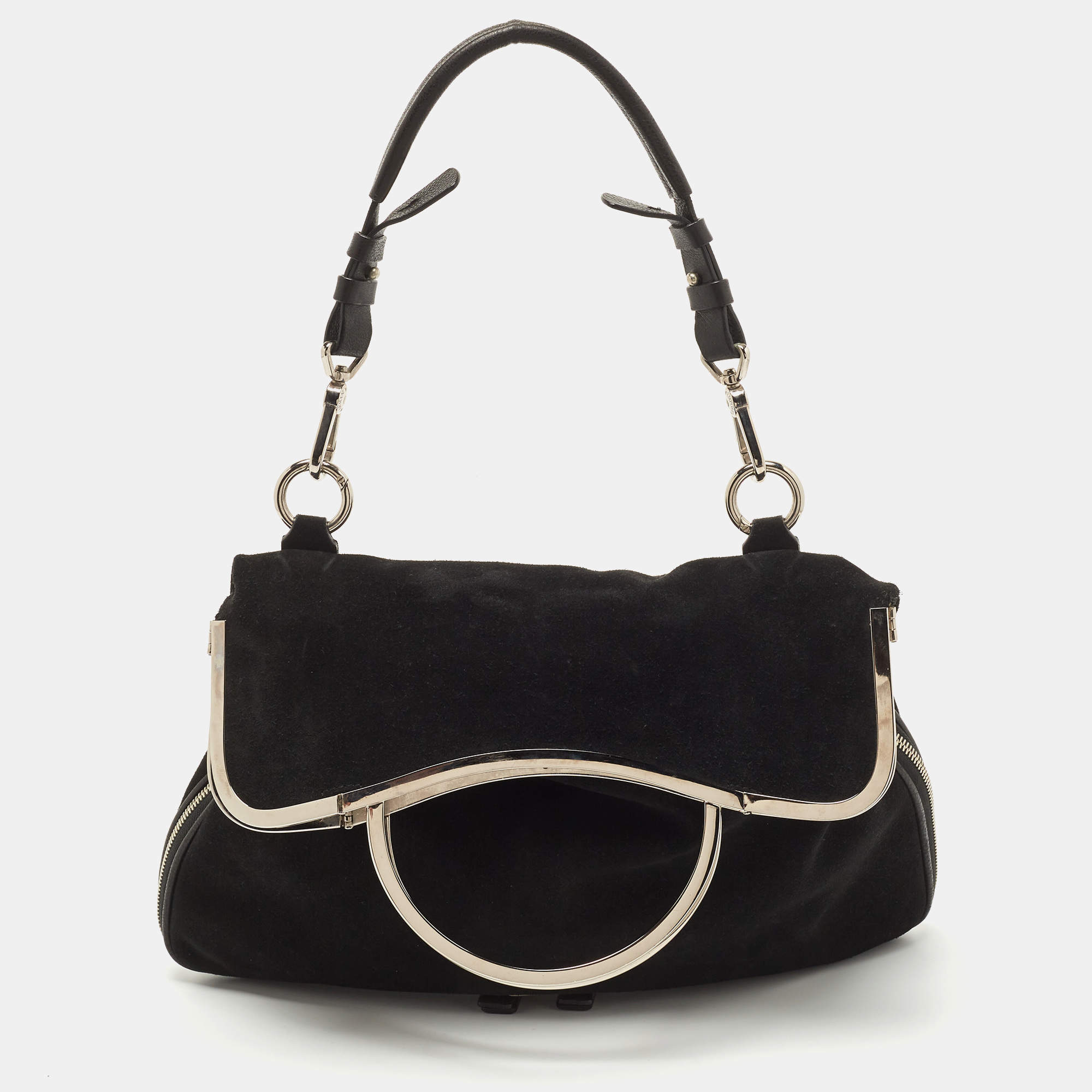 Pre Owned Emporio Armani Black Leather Frame Fold Over Expandable Bag