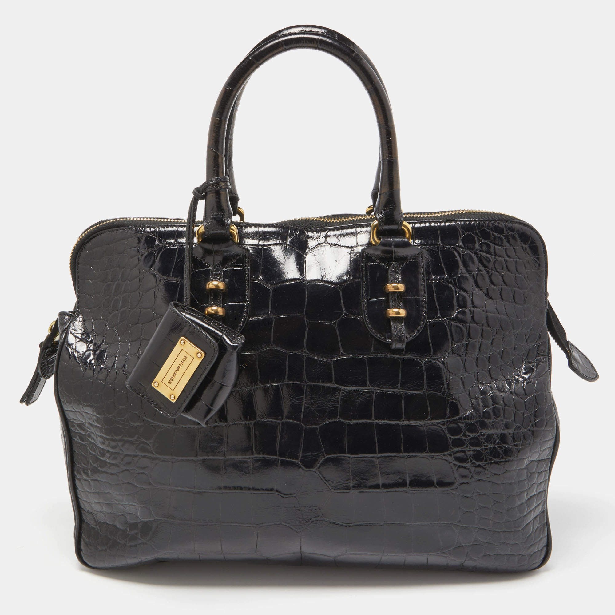 Pre Owned Emporio Armani Black Croc Embossed Leather Top Zip Satchel