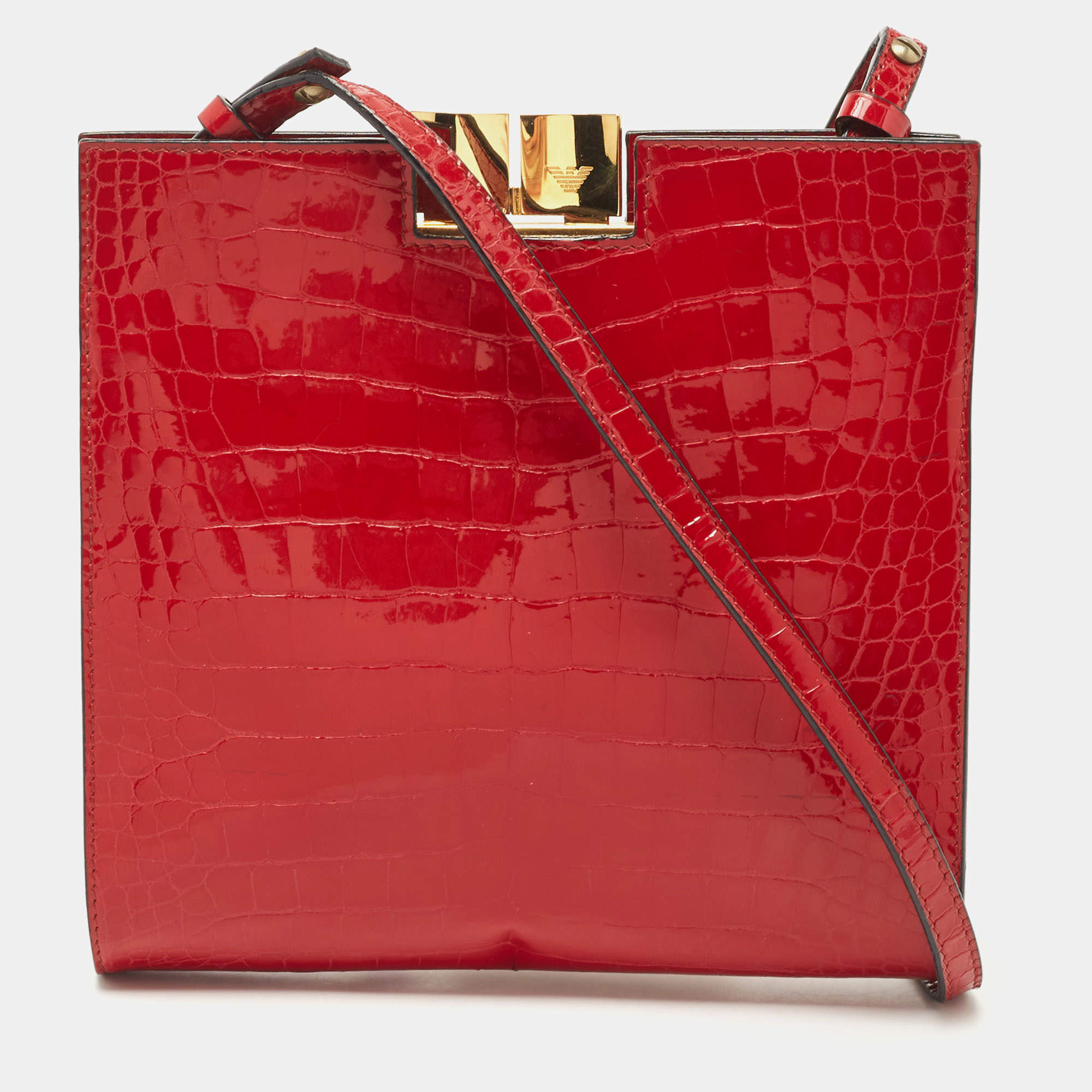 Pre Owned Emporio Armani Red Croc Embossed Patent Leather Crossbody Bag