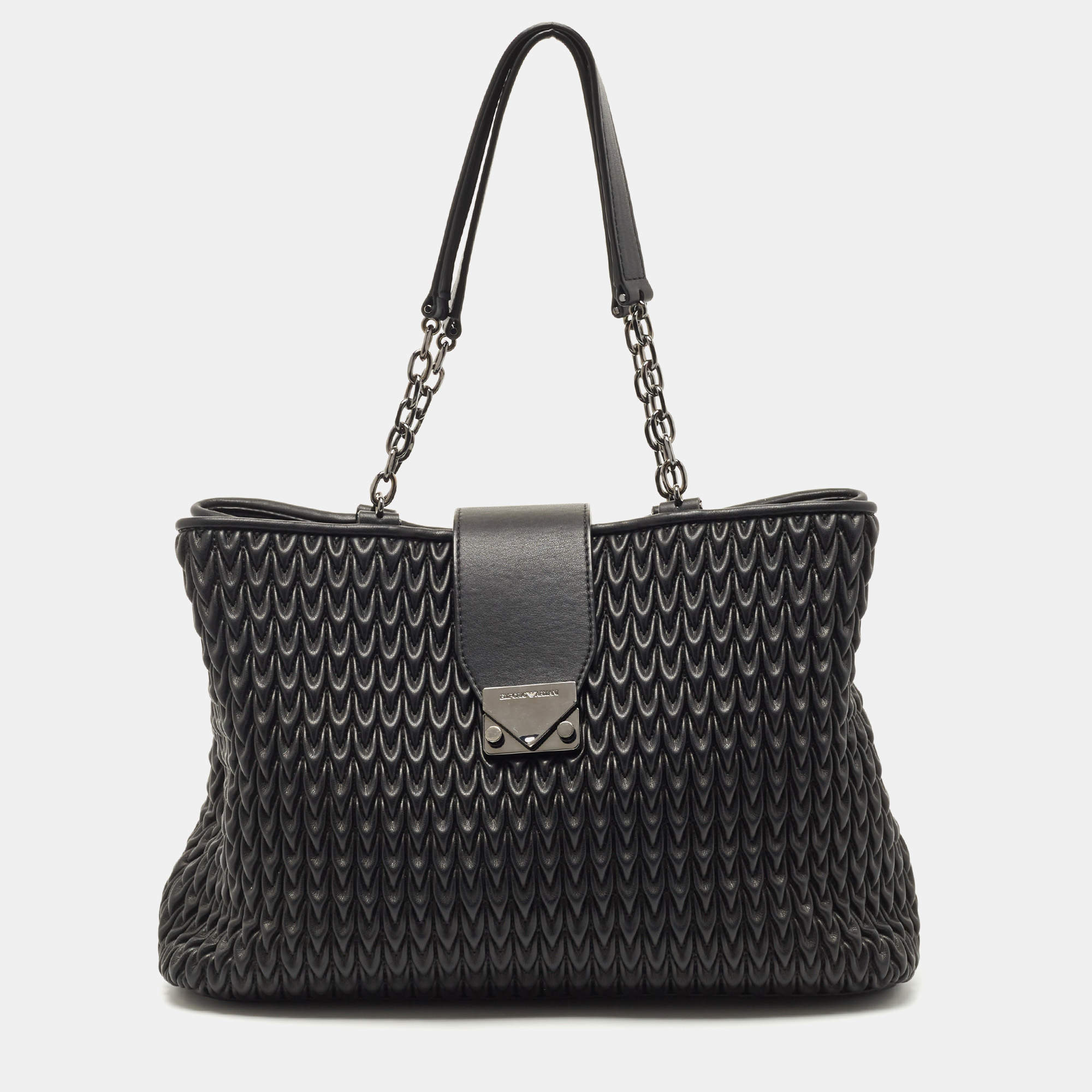 Bolso Shopper Emporio Armani Oversized - Negro - Acabado Mock-croc Y Charm