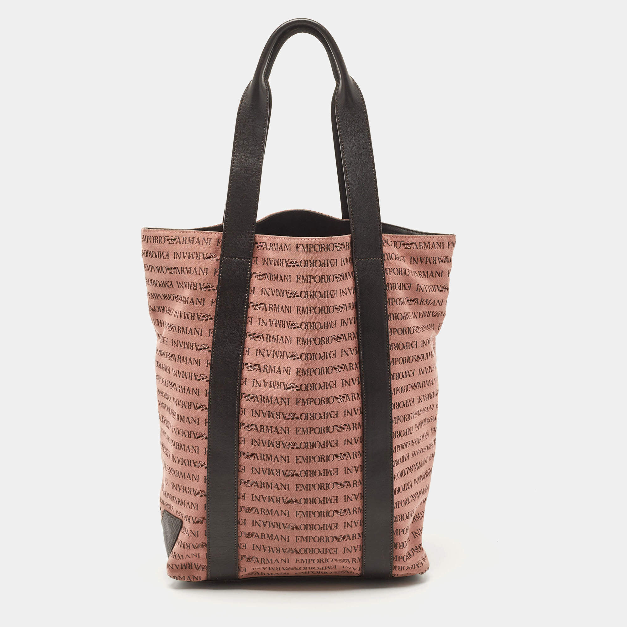 Emporio Armani Old Rose/Dark Brown Logo Print Canvas And Leather Tote