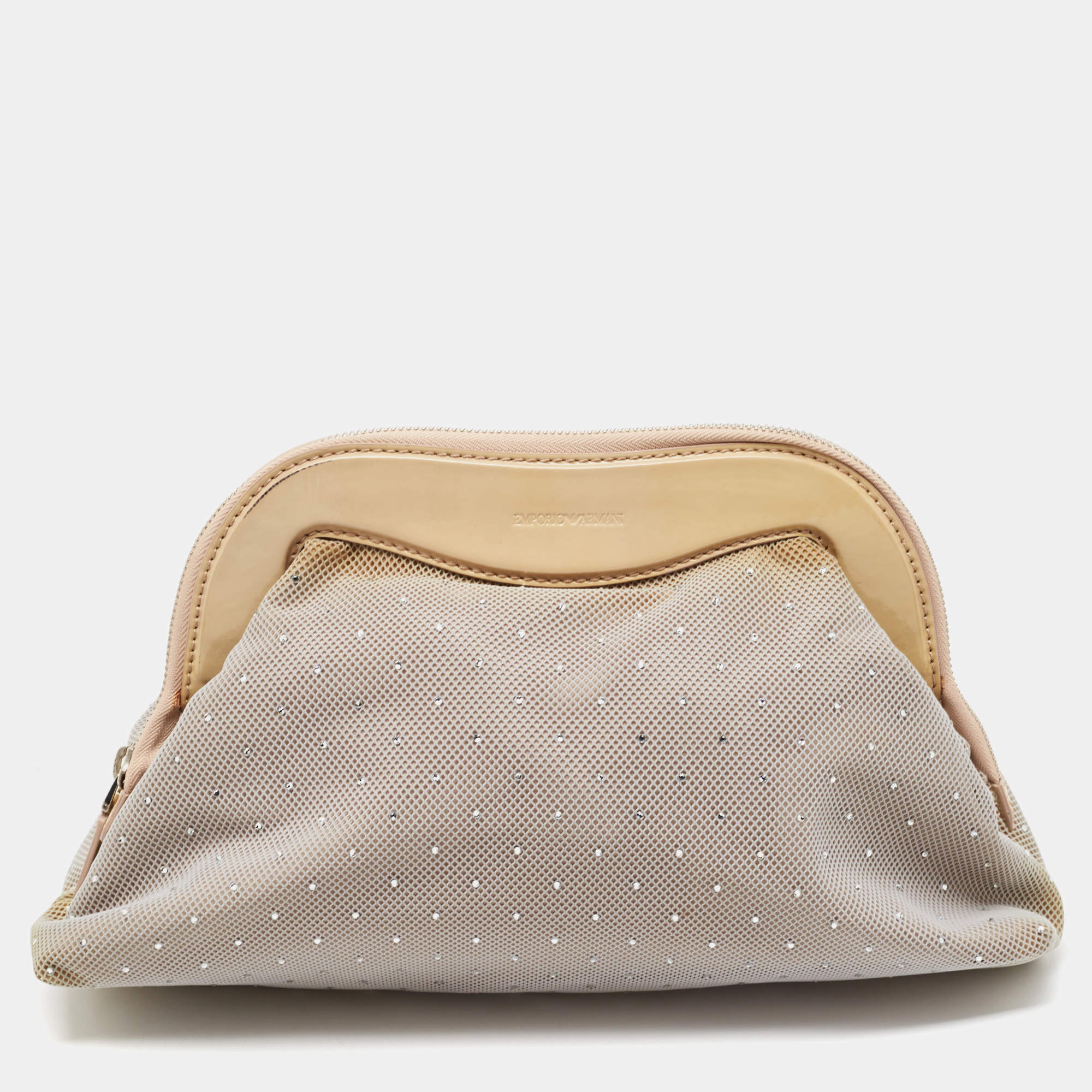 Pre Owned Emporio Armani Grey/Beige Mesh and Patent Leather Crystal Embellished Clutch