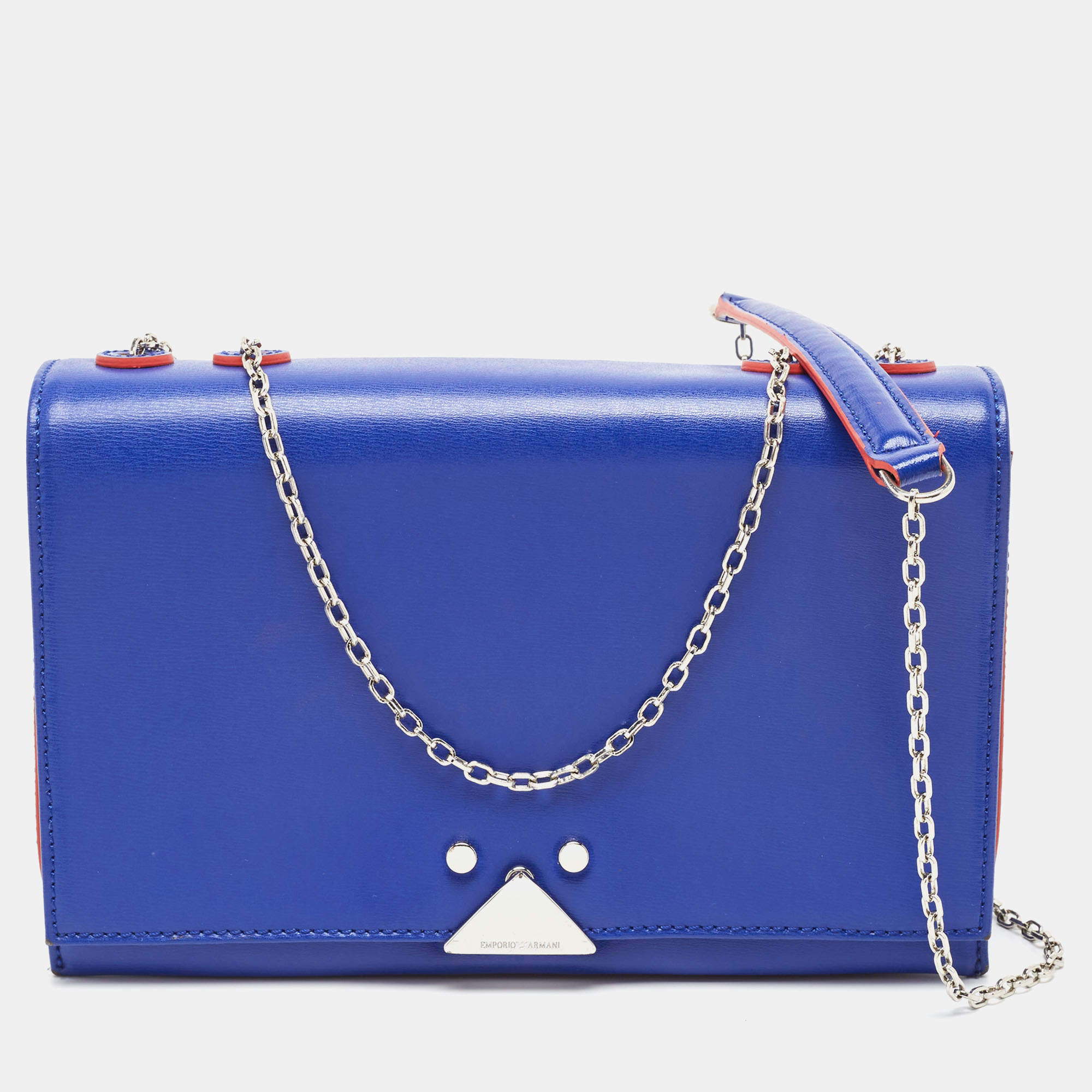 Pre Owned Emporio Armani Blue/Red Leather Flap Chain Shoulder Bag