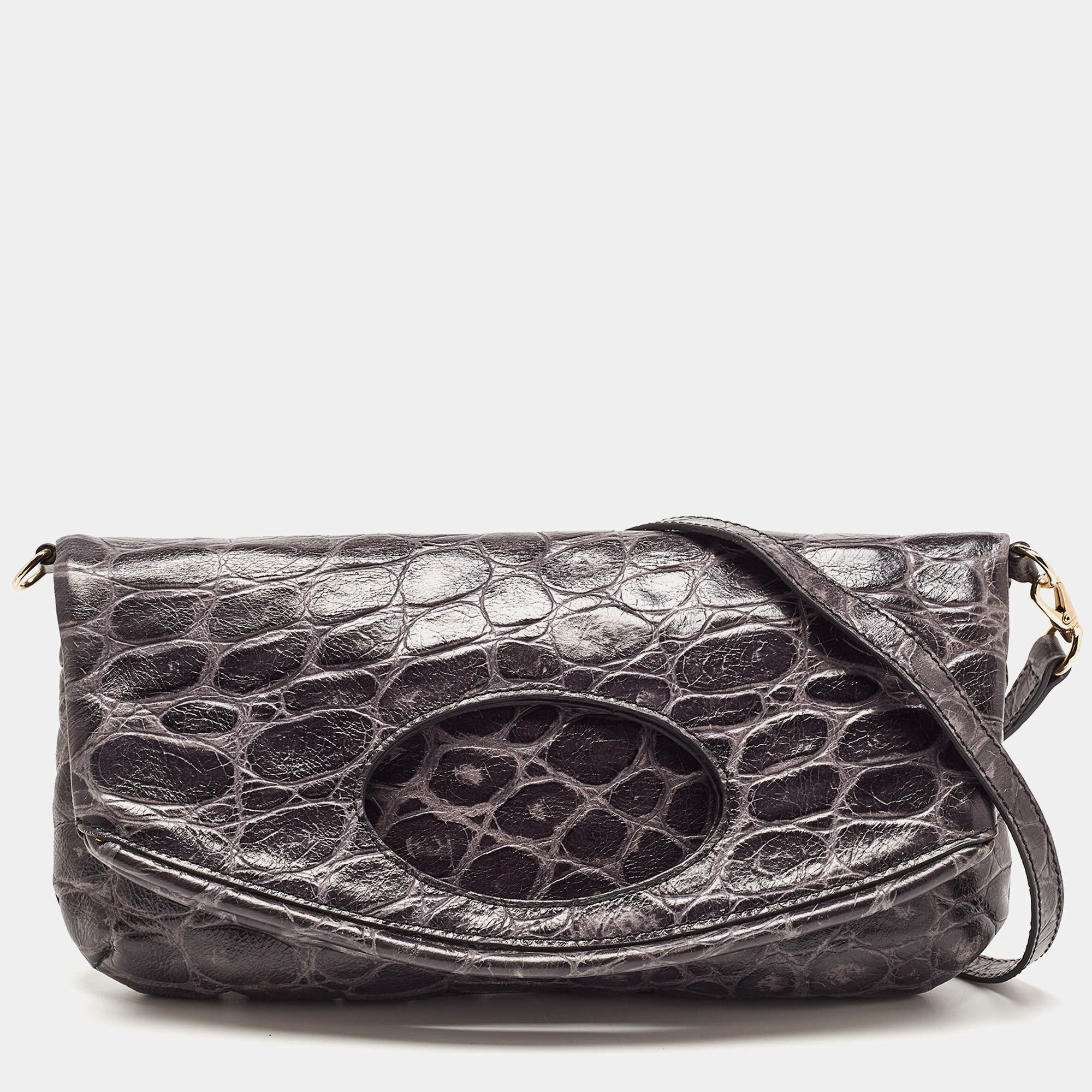 Emporio Armani Grey Croc Embossed Leather Foldover Shoulder Bag