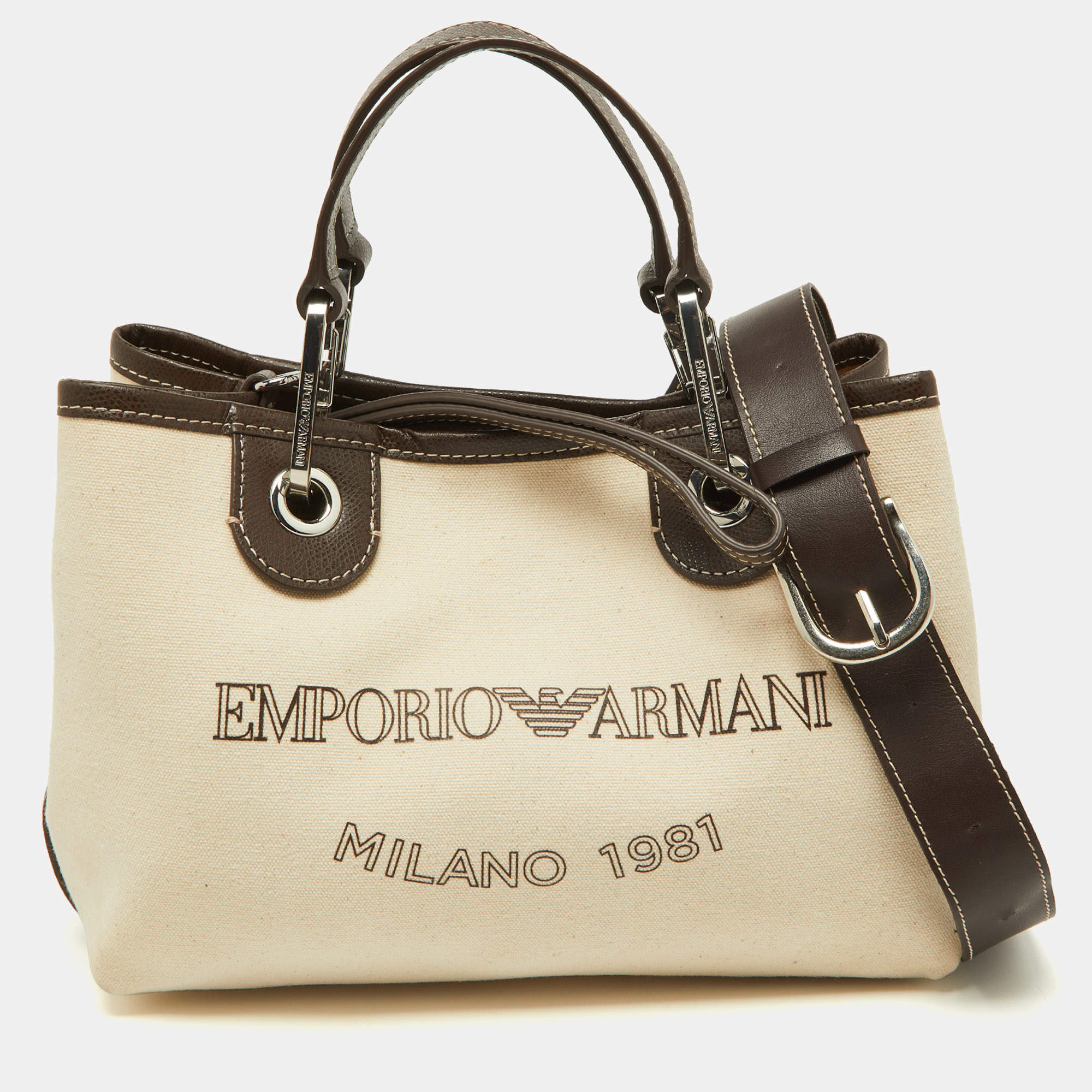 Pre Owned Emporio Armani Beige/Brown Leather Myea Tote