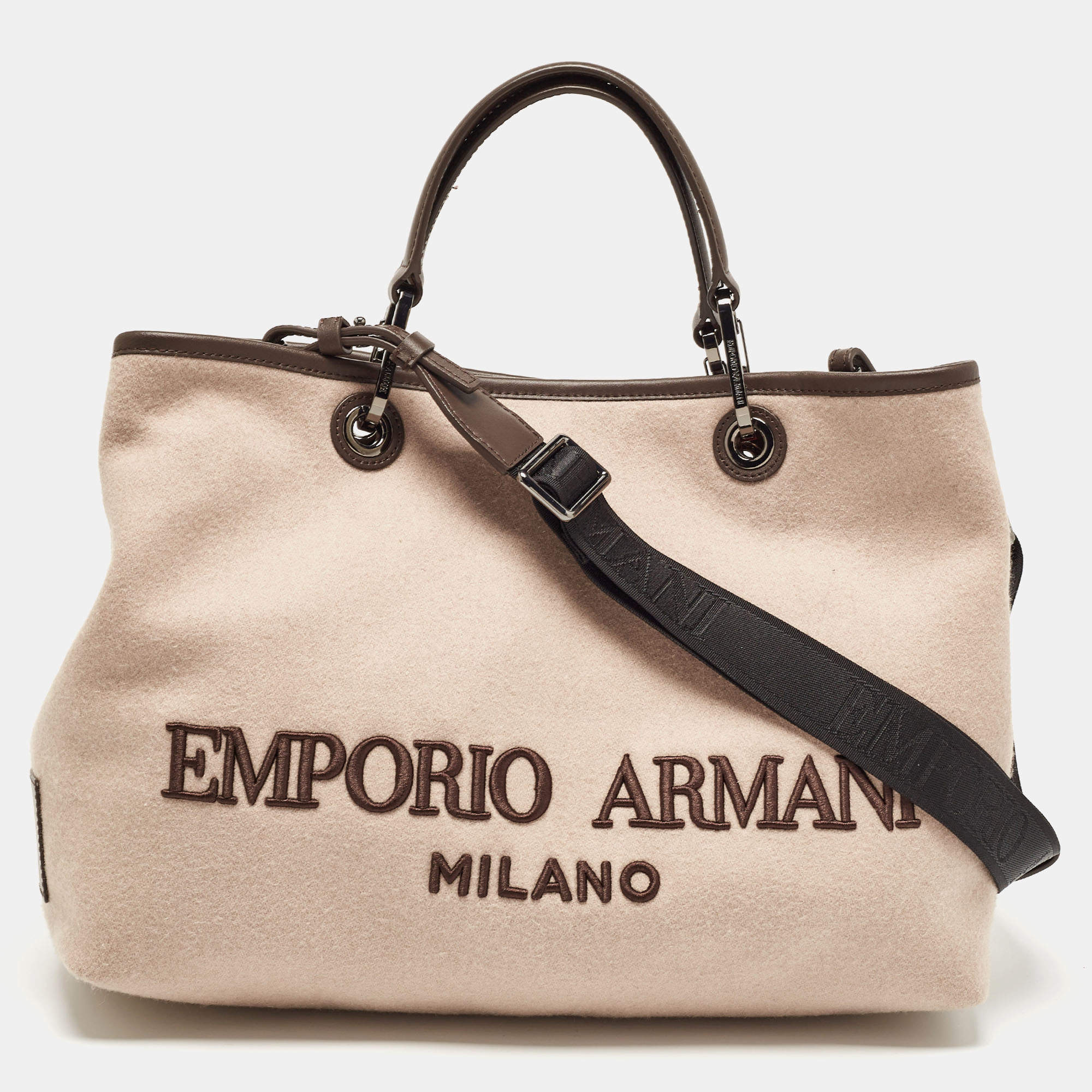 Emporio Armani Dark Brown Beige Cashmere Medium MyEA Resort Shopper Tote