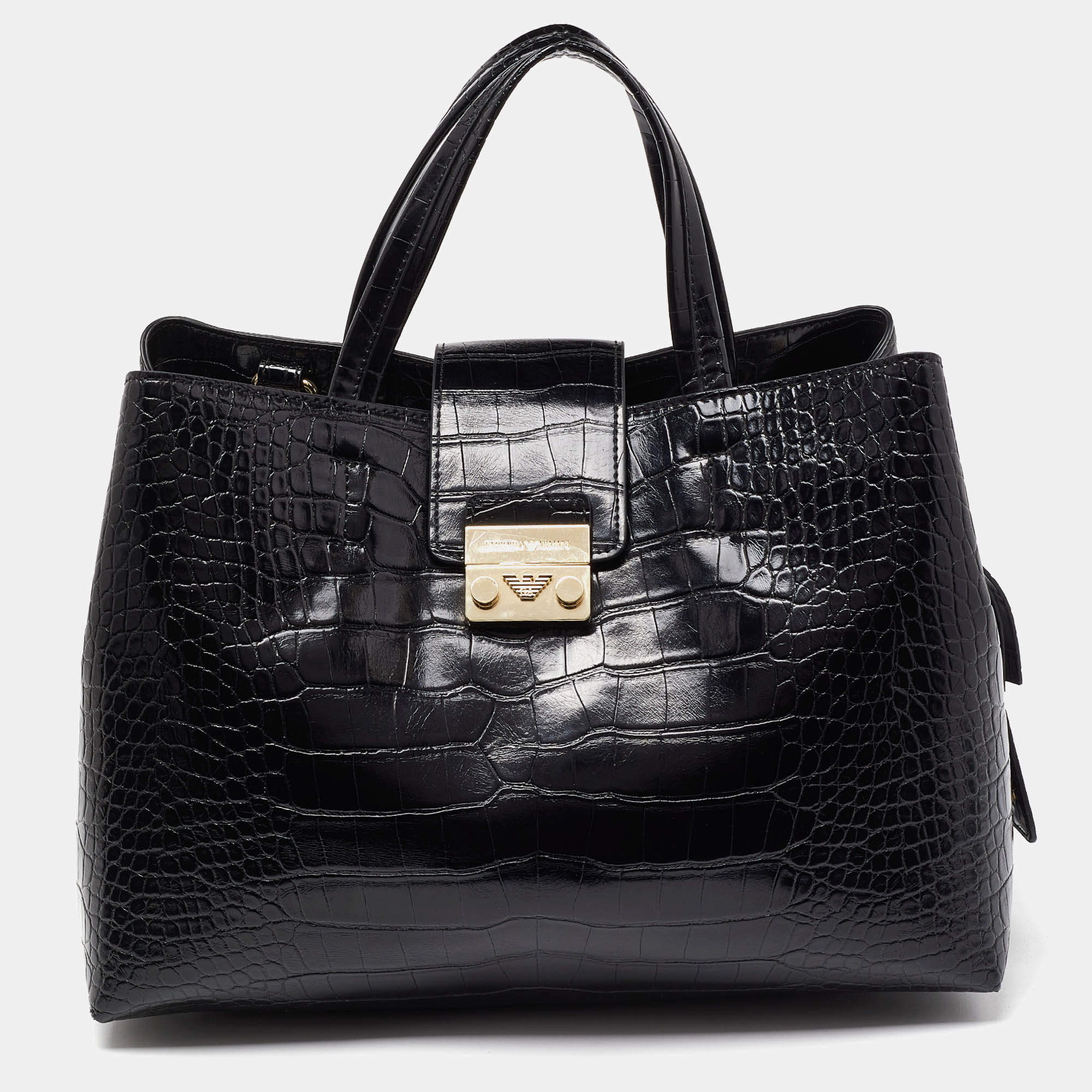 Pre Owned Emporio Armani Black Croc Embossed Leather Tote
