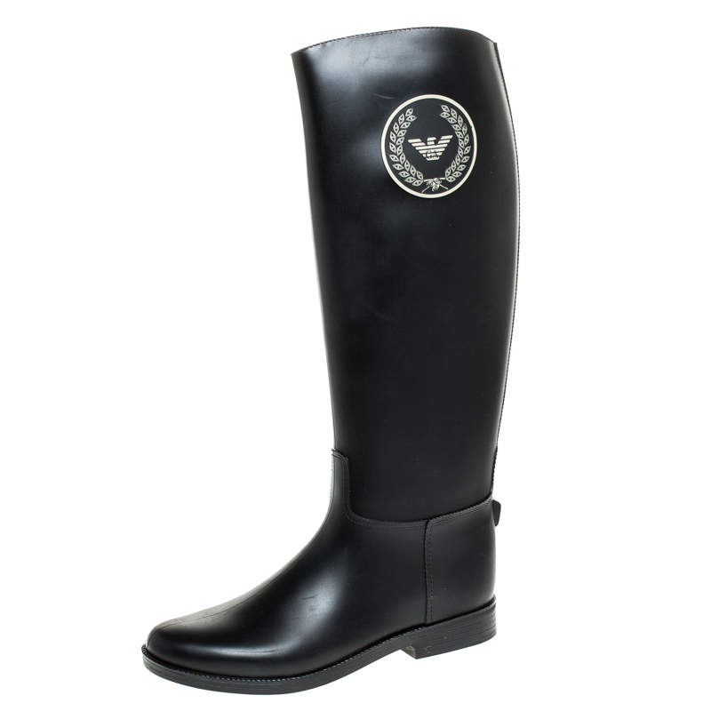 Emporio Armani Black Rubber Wellington Knee High Boots Size 40