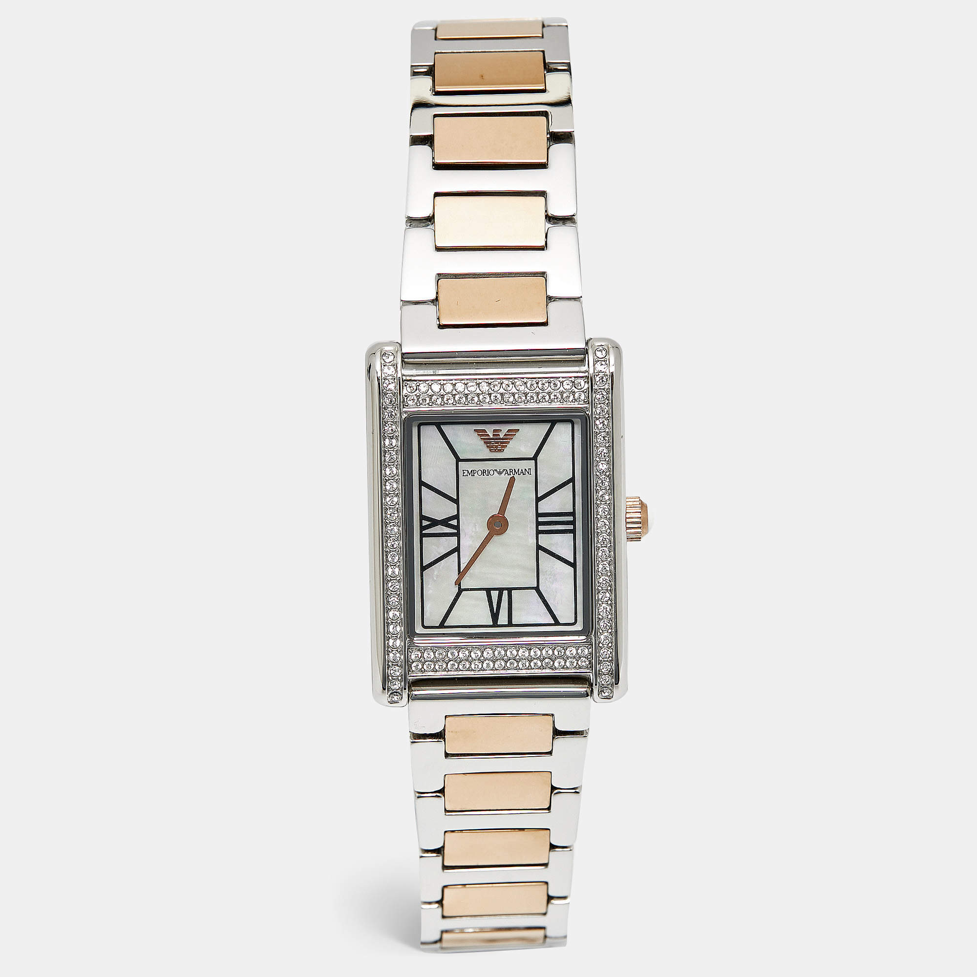 Pre Owned Emporio Armani Mother Of Pearl Crystal Two-Tone Stainless Steel AR11626 Women's Wristwatch 22.40 mm