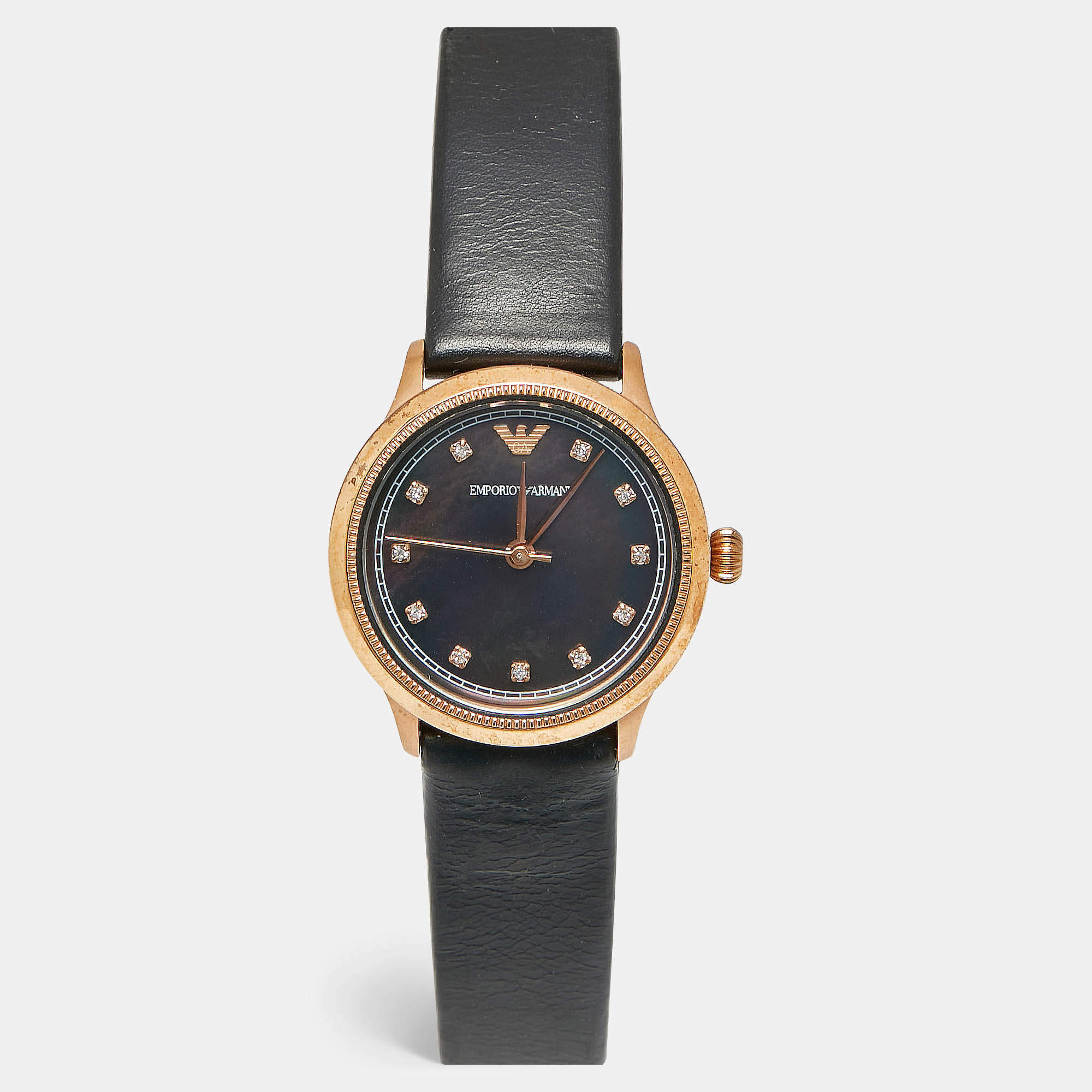 Pre Owned Emporio Armani Black Mother Of Pearl Rose Gold Tone Stainless Steel Leather Classic AR1802 Women's Wristwatch 27 mm