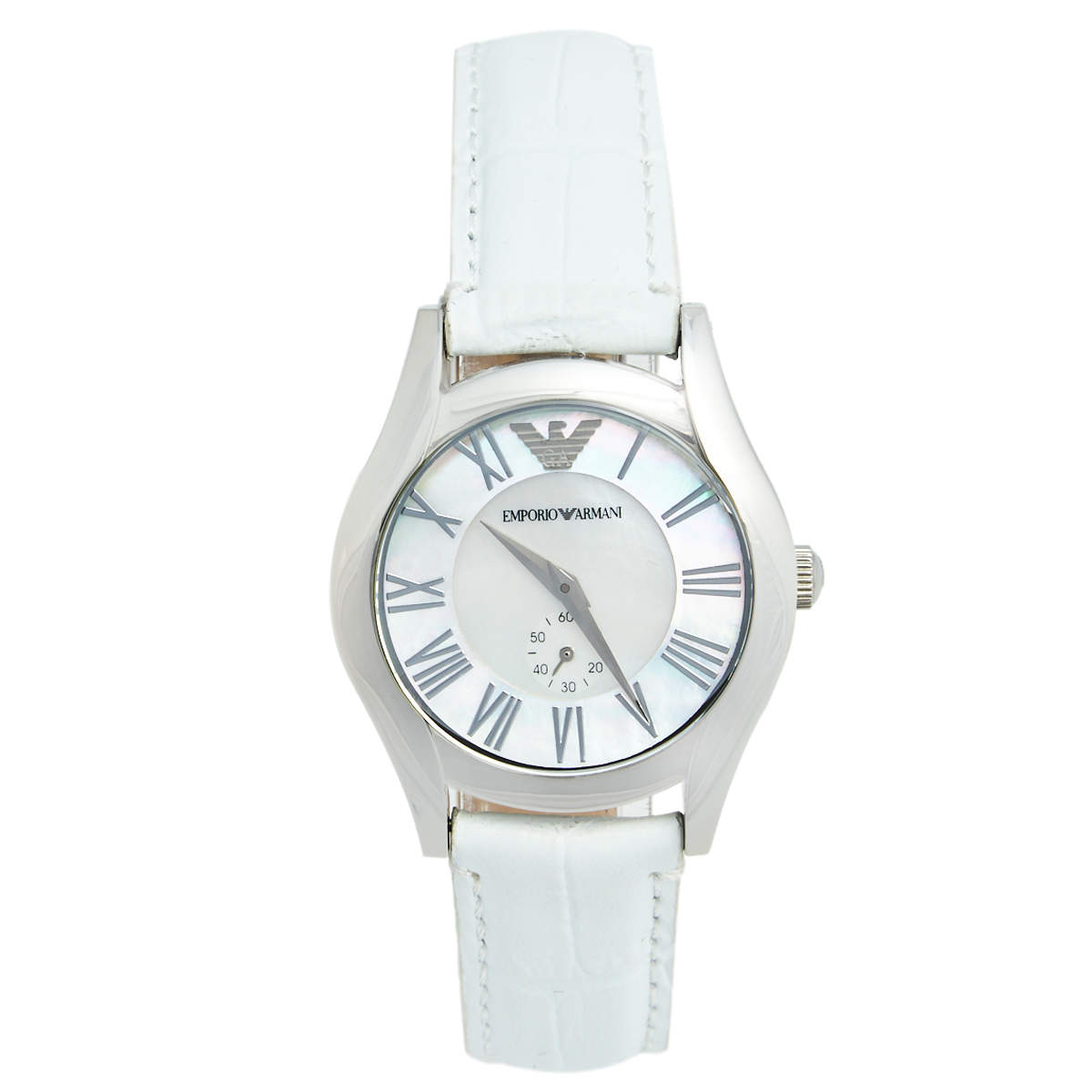 Pre Owned Emporio Armani Mother of Pearl Stainless Steel Leather AR1669 Women's Wristwatch 35 mm